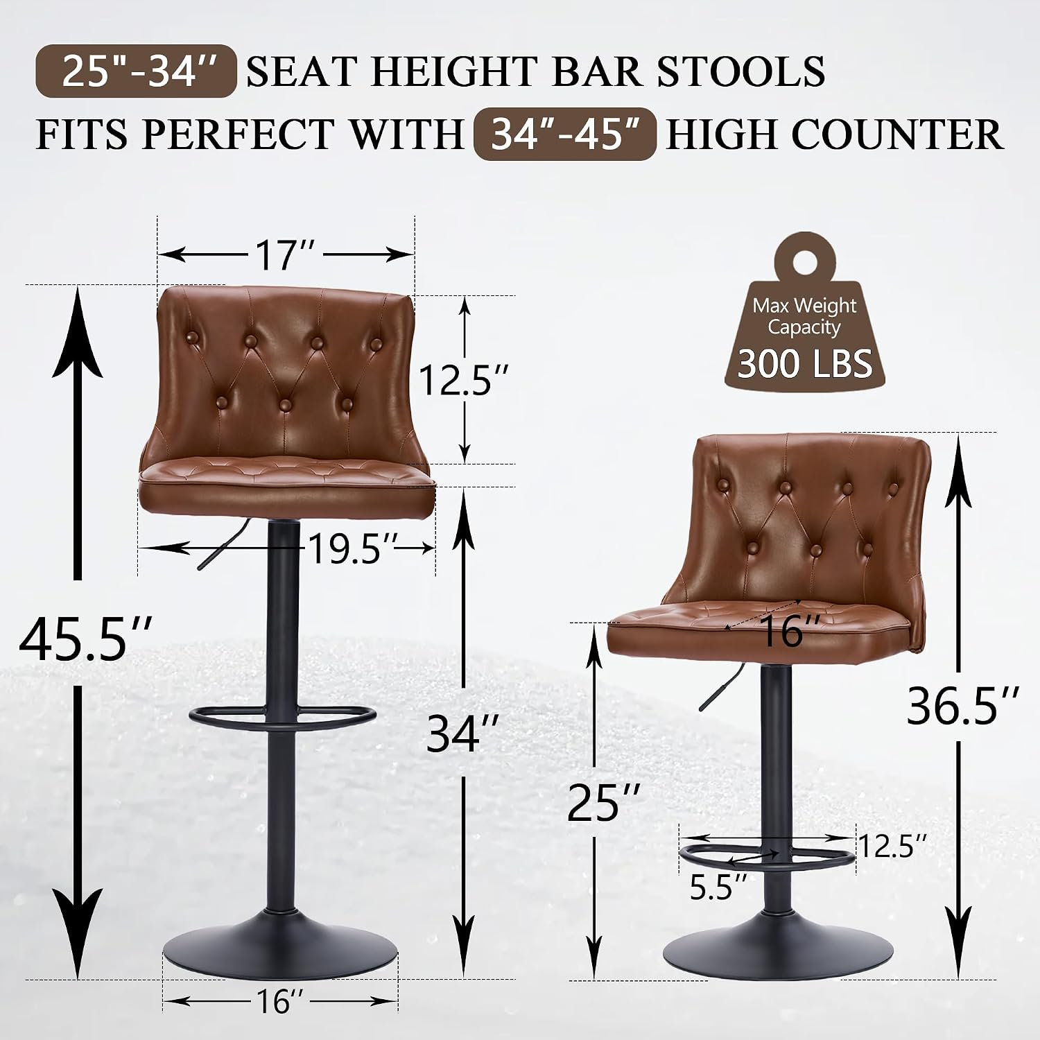 FIRAVOE Bar Stools Set of 3, Adjustable Swivel Bar Stools with Back, Vintage Counter Height Bar Stool for Kitchen Island, Brown Faux Leather Chair Bar Stool 25"-34" (Brown, 3PCS)