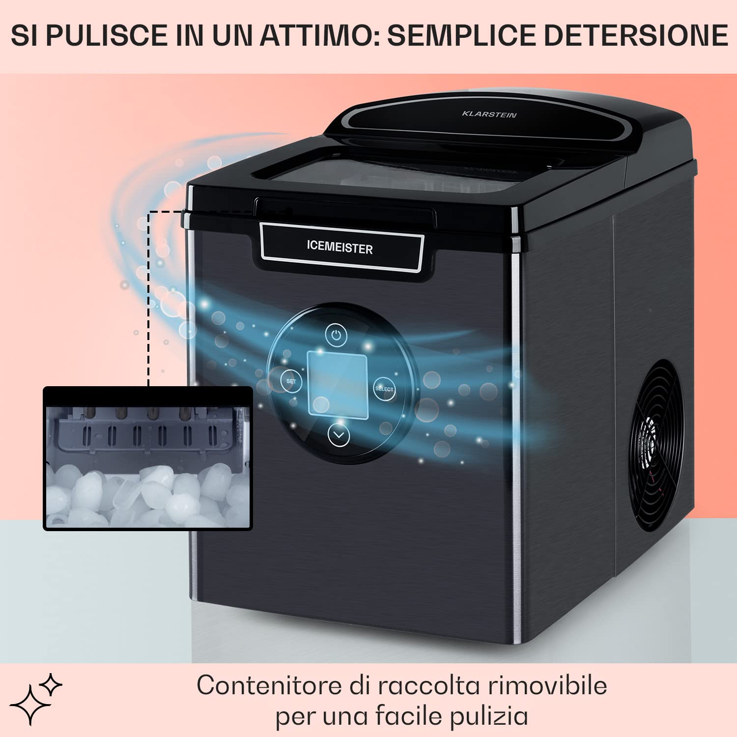 Klarstein Macchina Ghiaccio 1.8L, Macchina del Ghiaccio Professionale, Fabbricatore Ghiaccio Secco Alimentare 12kg, Cubetti di Grandi Piccole Dimensioni, Macchina Ghiaccio Casa Autopulente Cocktail