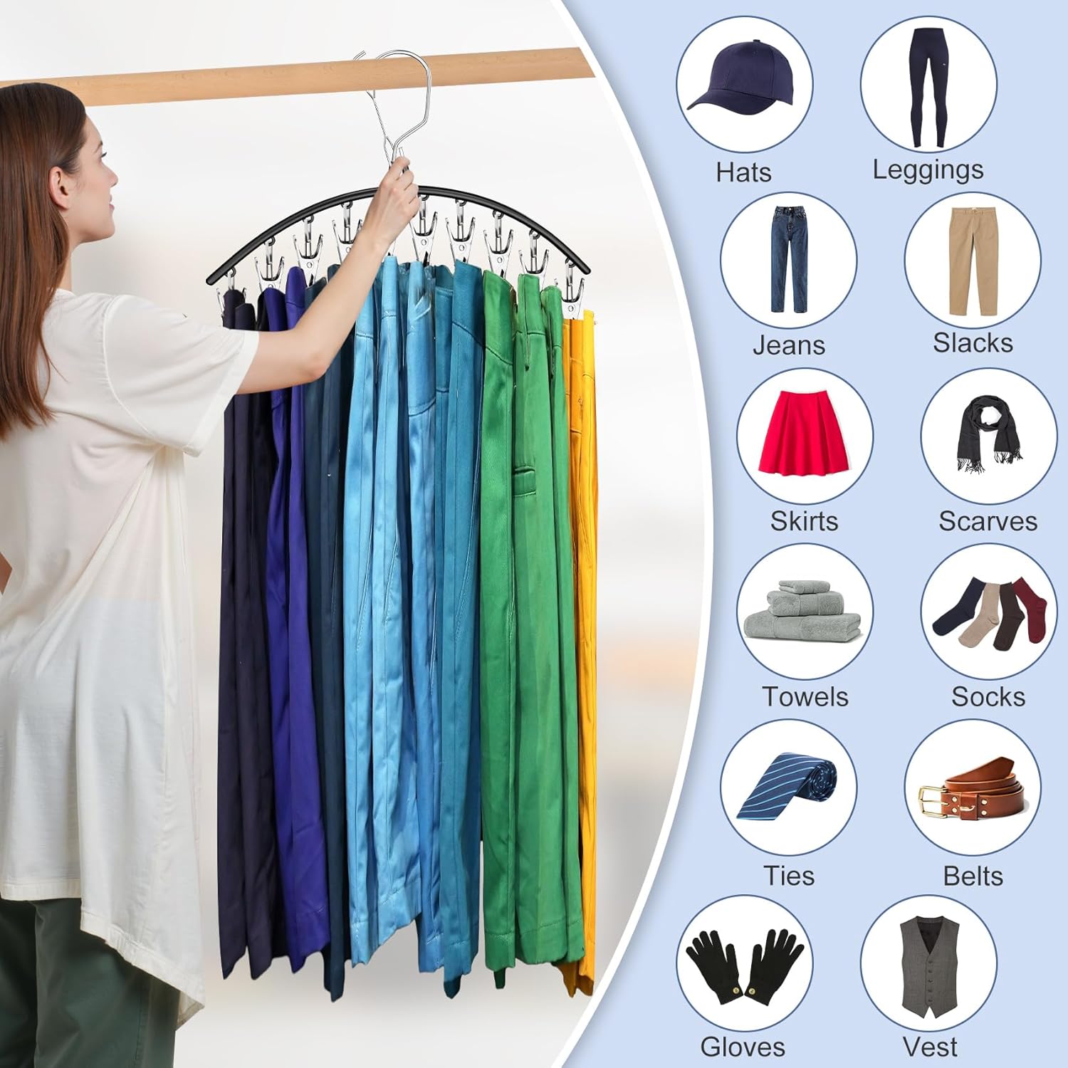 Closet Rod & Pants Hangers with Clips Heavy Duty Hanging Rod for Closet Non-Slip Clip Hangers with Swivel Hooks Closet Organization System for Pants, Skirts, Trousers and Scarves