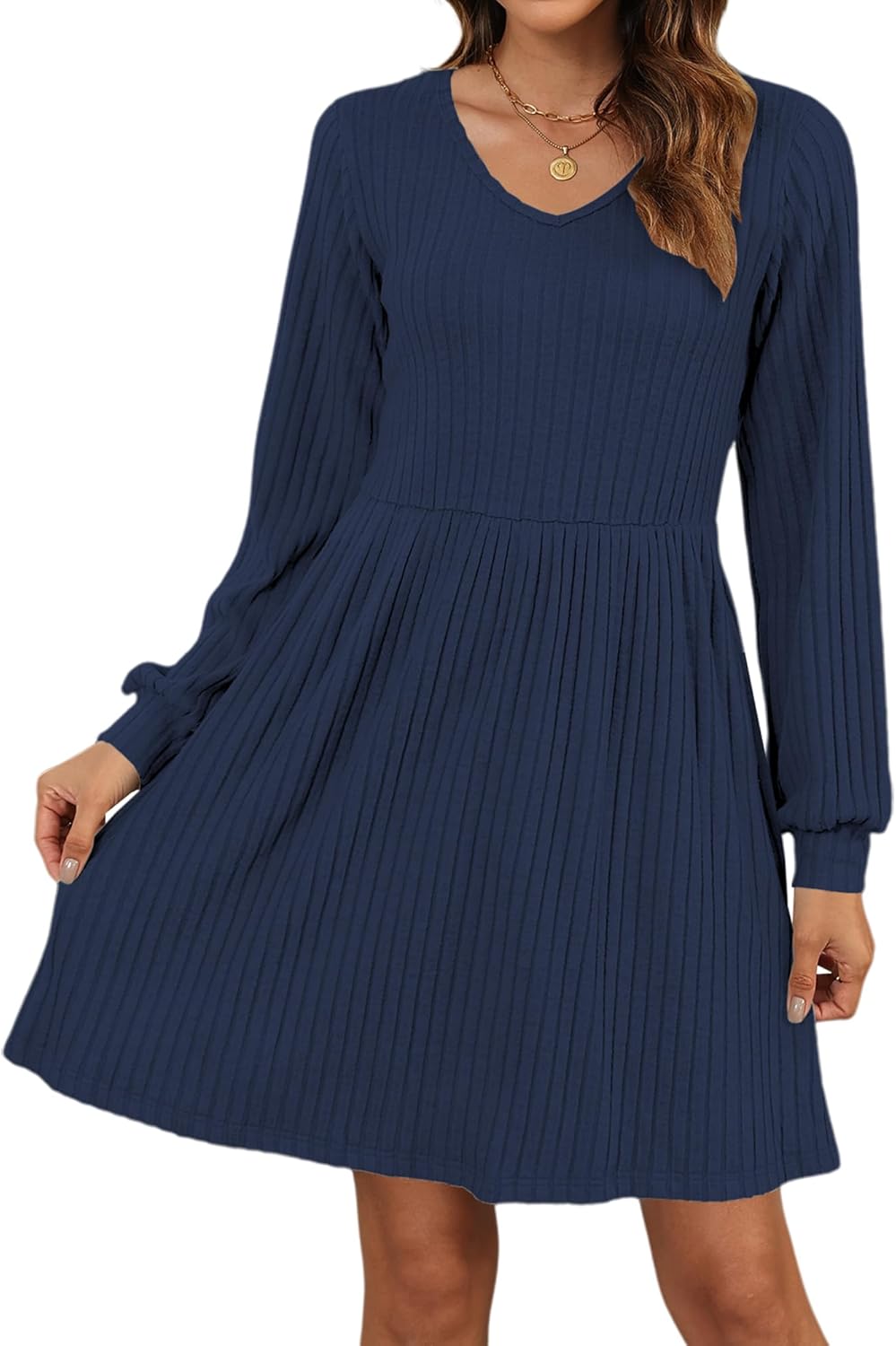 AUSELILY Womens Fall Dress 2025 Long Sleeve V Neck Short Dress Lightweight Casual Knit Sweater Dresses with Pockets - Image 2
