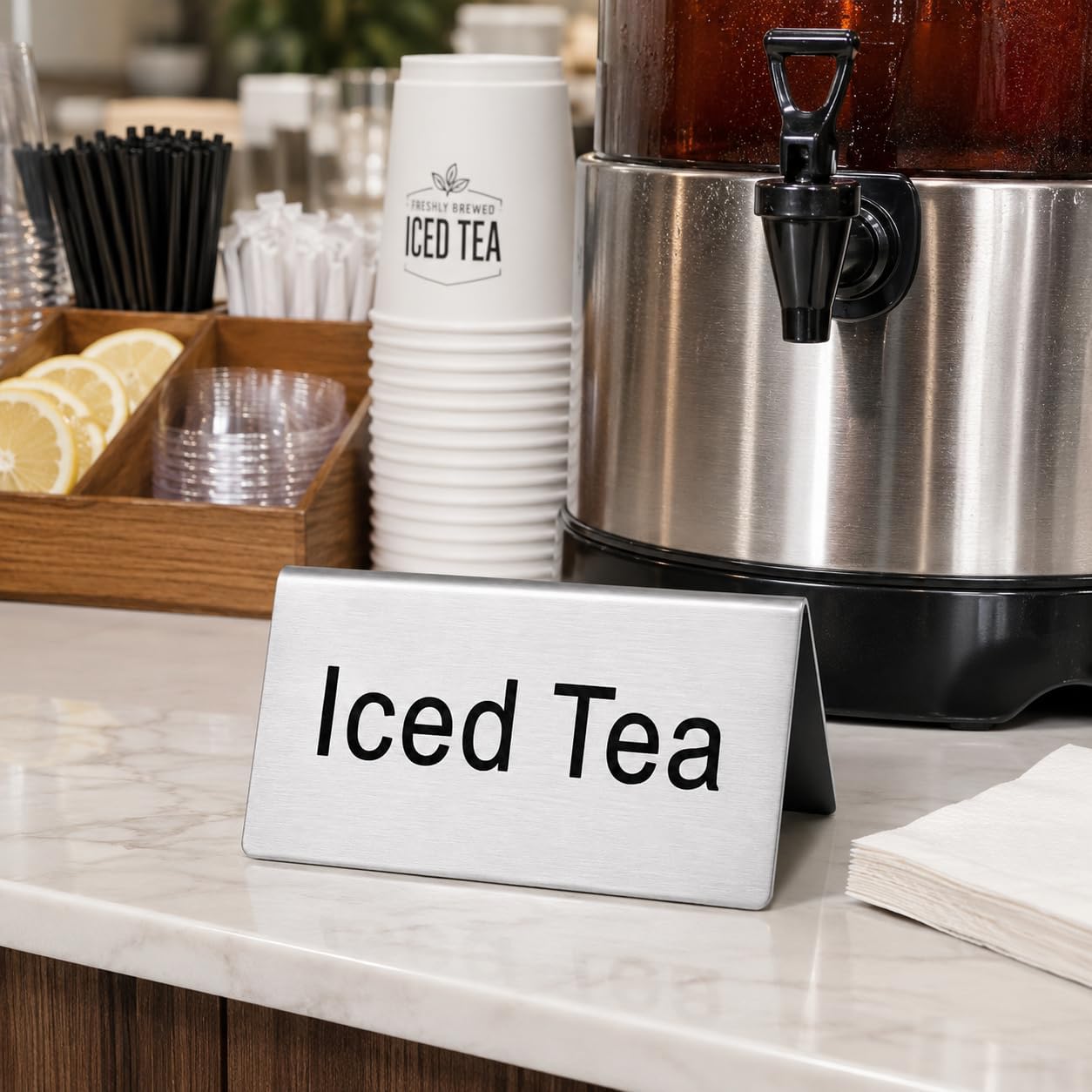 New Star Foodservice Stainless Steel Table Tent Sign, Silver (Iced Tea), 2 x 2-Inch, Set of 2