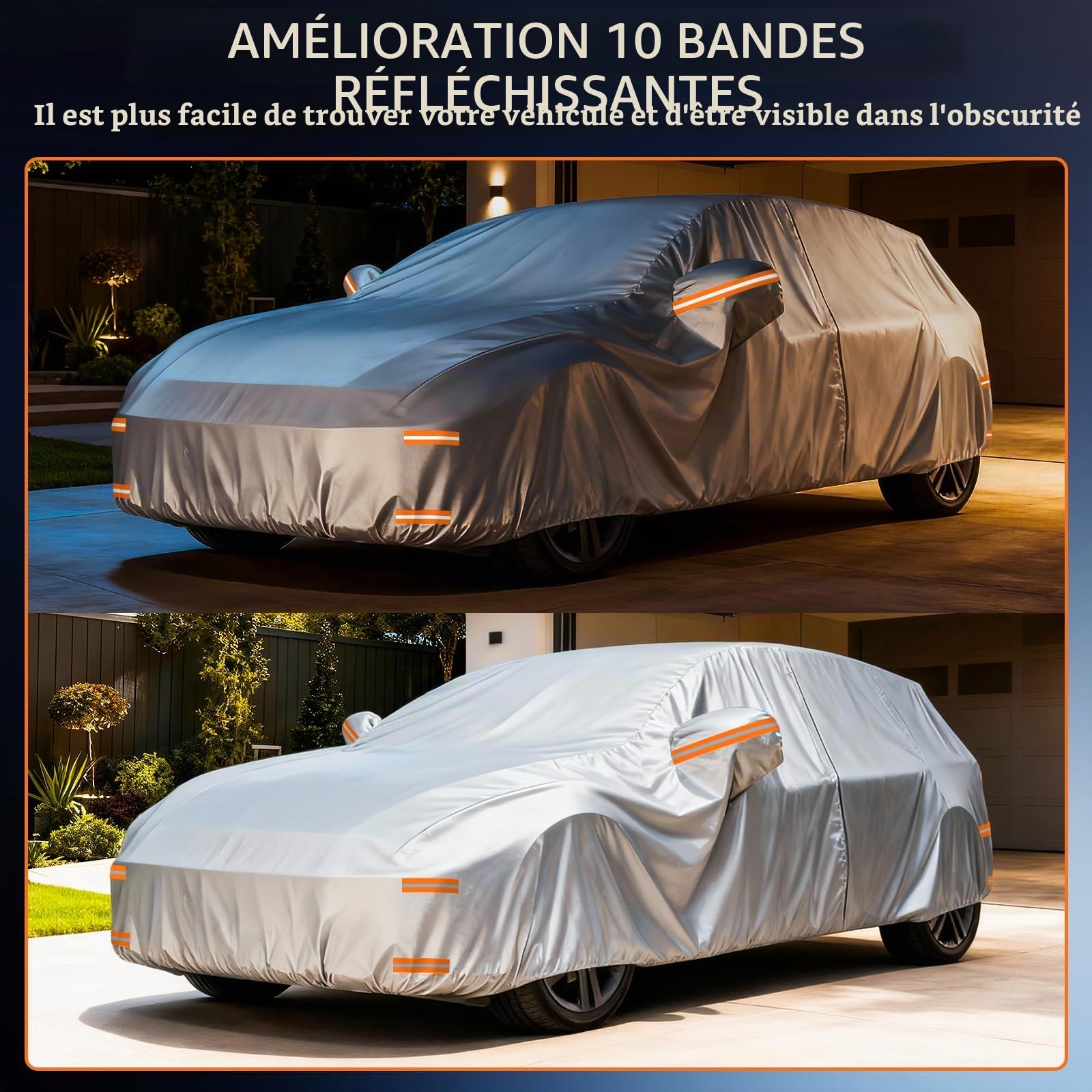 Housse de Protection Voiture 4 Saisons - Bâche Extérieur Étanche, Respirante et Protection Solaire avec Zip et Doublure en Coton pour Hayon & Citadine (415 à 450 cm) - Argenté