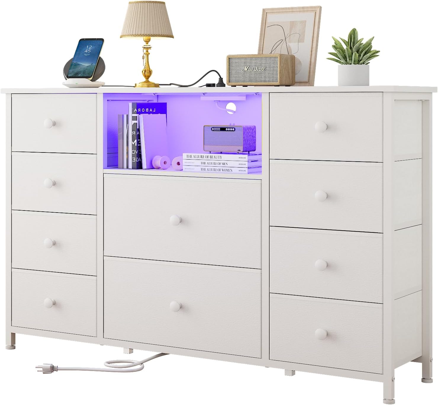 Dresser with Charging Station and LED Lights, White Dresser for Bedroom