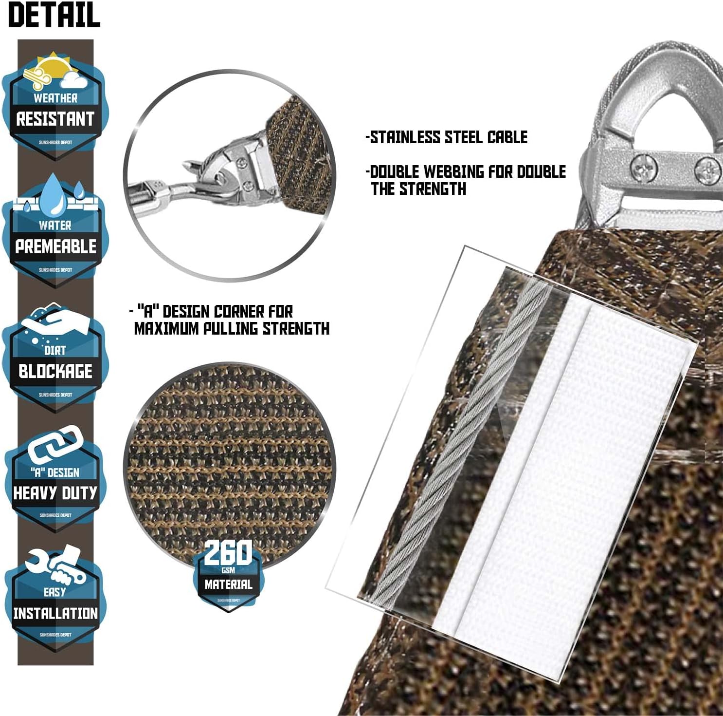 TANG 20' x 20' Sun Shade Sail with Super A Ring, Rectangle Sunshade Canopy Heavy Duty 260 GSM Shade Cloth with Steel Cable Wire Reinforcement for Backyard Pool Patio Pergola Cover,Brown