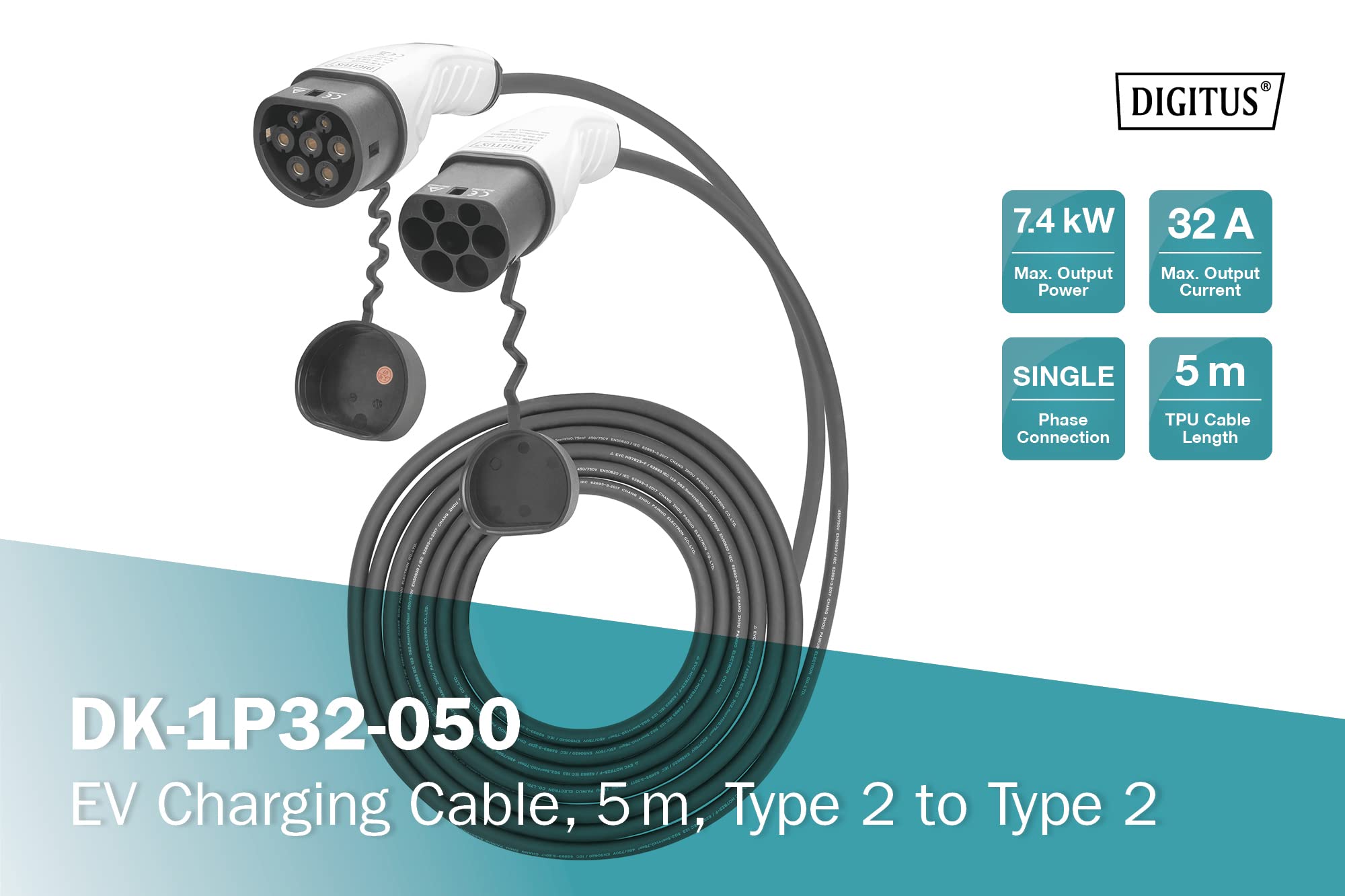 DIGITUS Kabel do ładowania Mode 3 dla samochodów elektrycznych i PHEV - 5 m - Typ 2-1-fazowy - 32 A - 7,4 kW - Czarny/szary