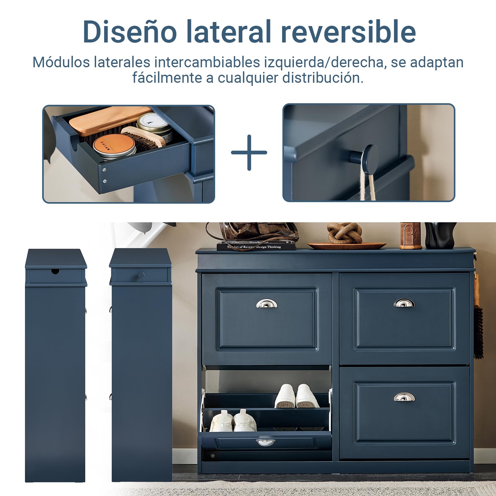 SoBuy Mueble Zapatero Estrecho con Cajón y Ganchos – Zapatero Estrecho Entrada Recibidor de 4 Puertas para 16 Pares – Mueble Recibidor Entrada Azul MDF 104x24x83cm – FSR79-B