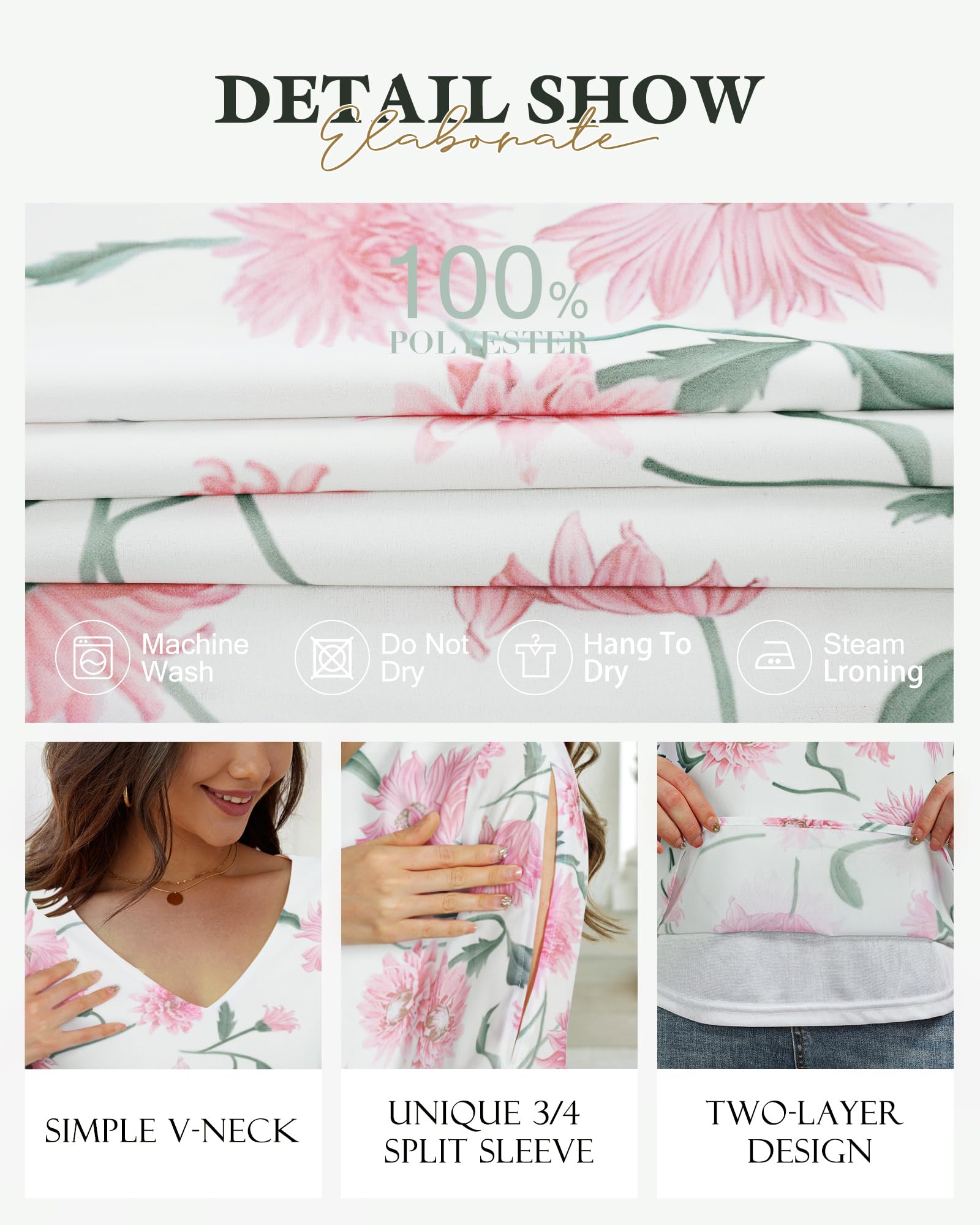 Bebonnie Blusas de gasa de doble capa con cuello en V y volantes para mujer, con mangas 3/4, para mujer