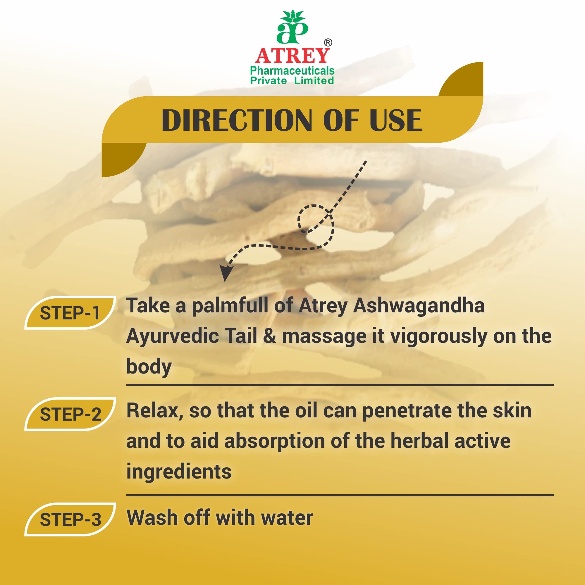 ATREY Ashwagandha Tail/Body Massage Oil 100ml | 100% Ayurvedic Oil for Stress Relief, Muscle Strength & Skin Toning | Pure Sesame Oil Base | No Mineral Oil (Pack of 1) 3