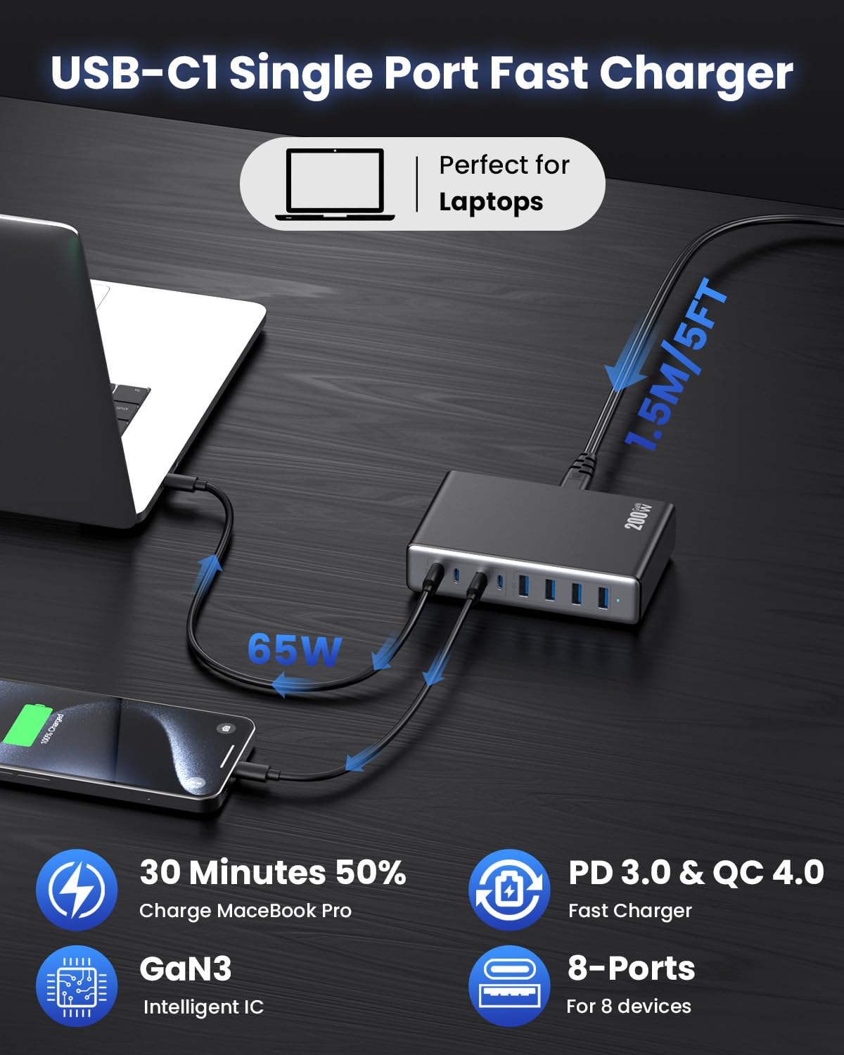 200W Caricatore USB C Multiplo, 8-Porte GaN III USB Stazione Ricarica Caricatore Rapido PPS QC4.0+PD 65W Laptop Caricabatterie, Compatto Alimentatore USB C per MacBook PRO/Air, iPhone, Samsung Galaxy