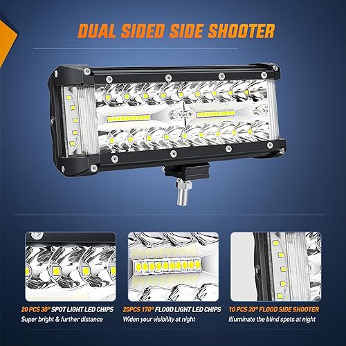 Miniatura 3 de Nilight Barra de luz LED de disparo lateral, 2 unidades de 7 pulgadas, luces combinadas de inundación de triple fila, luz de trabajo LED con kit de