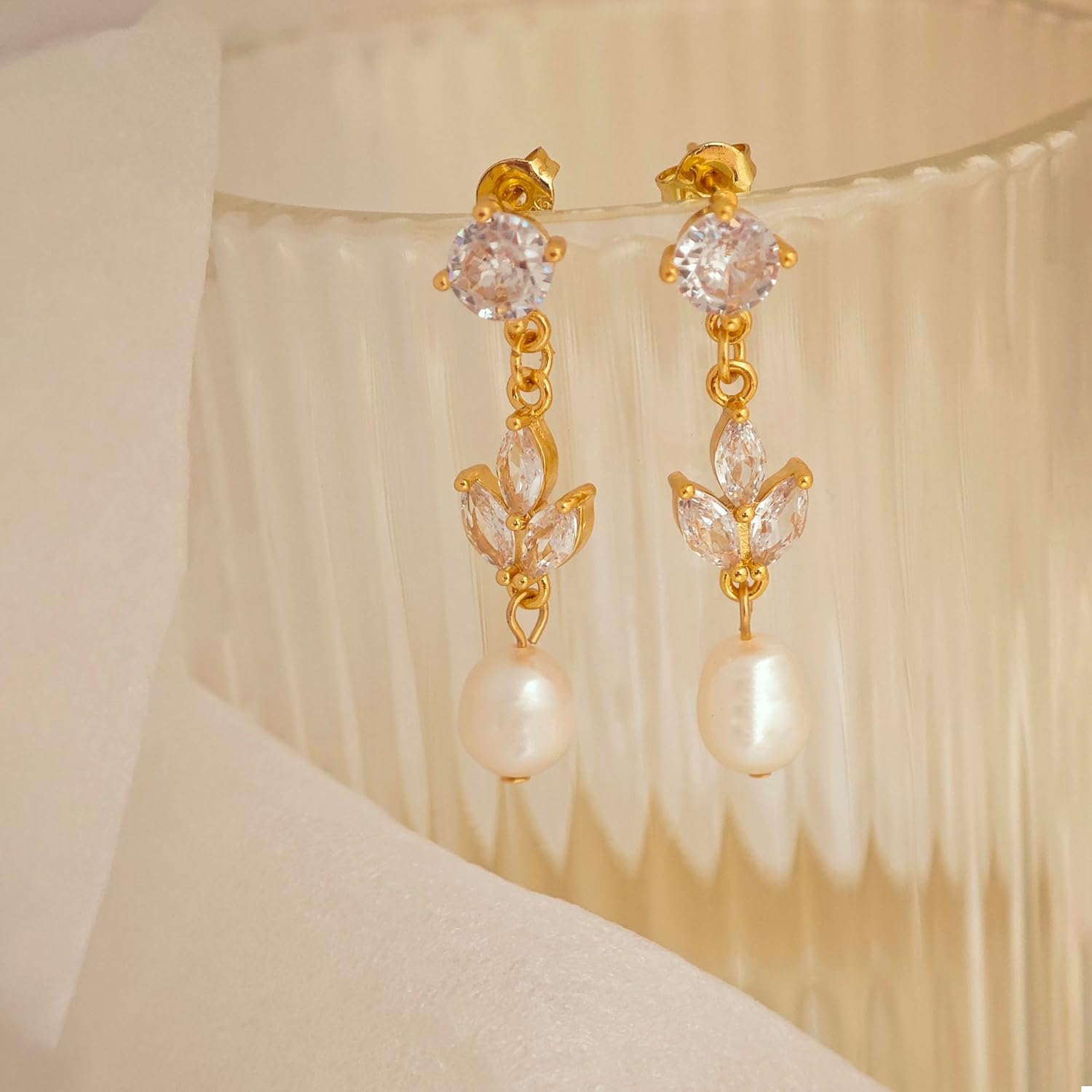 Pearl Earrings for Women Trendy, 14k Gold Plated Freshwater CZ Leaf Pearl Dangle Drop Gold Earrings Lightweight Hypoallergenic Stud Earring Bridesmaid Wedding Gold Jewelry for Women Gifts - Image 6