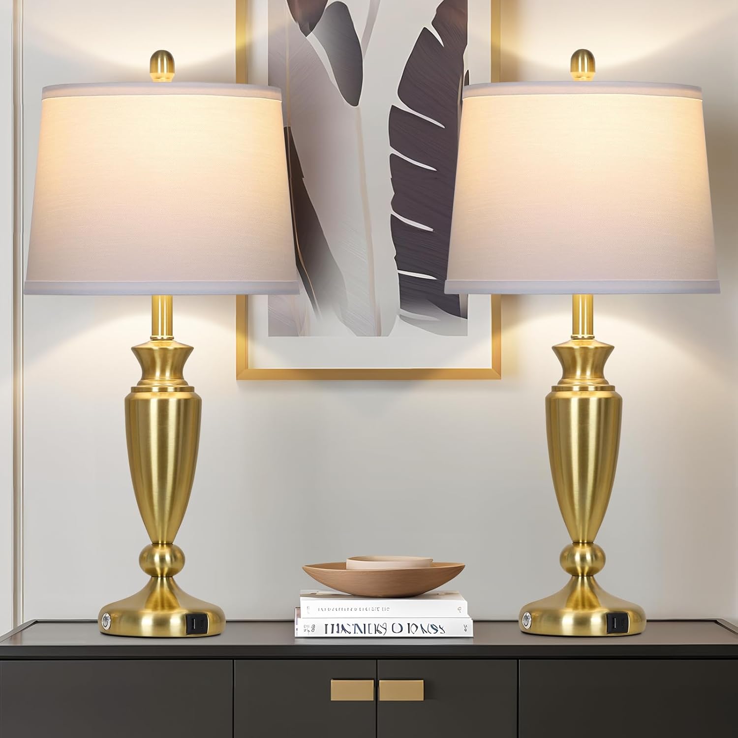 27'' Gold Table Lamps for Living Room with White Lampshade, 3 Way Touch Control Bedside Lamps Set of 2 with USB A+C Ports, Modern Metal Nightstand Lamp for Bedroom Office End Table