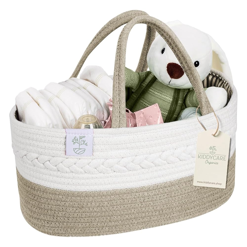 KiddyCare Baby Diaper Caddy Organizer, Cotton Nursery Baby Gift Basket with Handle Lid Baby Caddy Organizer, Portable Baby Basket Diapers & Wipes, Basket for Moms, Wheat Field - Large