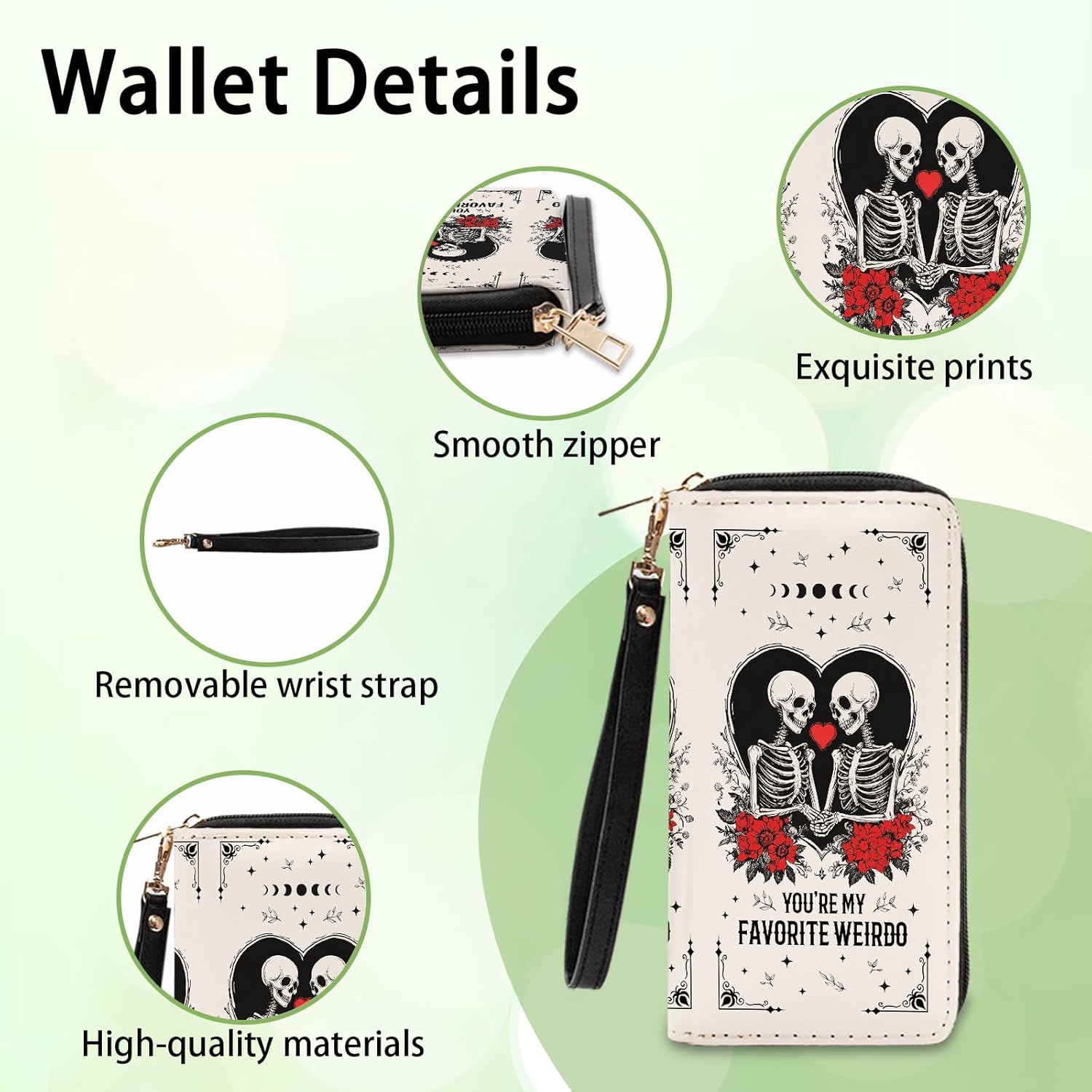 Gothic Romance Skull Wallets for Women - Slim PU Leather Womens Wallet with Cash Zipper Coin Purse, Small Credit Card Holder Travel Wallet, Wristlet Wallets for Female Ladies Purse (Dark Humor Gift) - Image 4