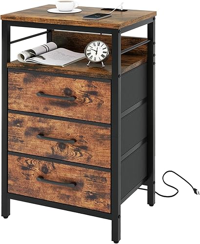 IBUYKE Mesita de noche con estación de carga, mesita de noche con 3 cajones de tela, mesita de noche con puertos USB y tomas, mesa auxiliar para