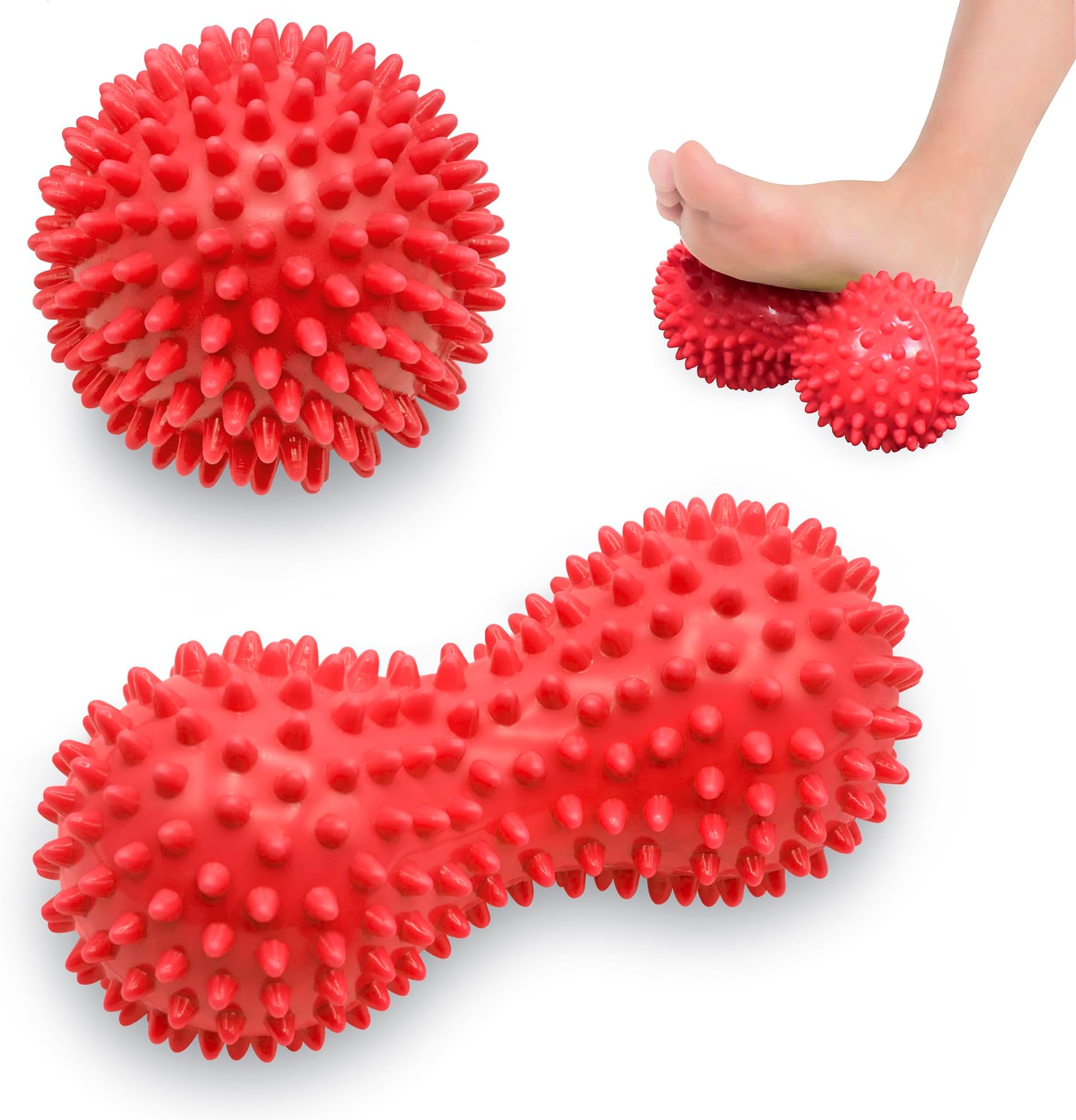 Spiky Massage Ball Roller Set - Plantar Fasciitis, Trigger Point, Deep Tissue, Myofascial Release, Tension and Foot Pain Relief - Relieve Stress and Relax Tight Muscles