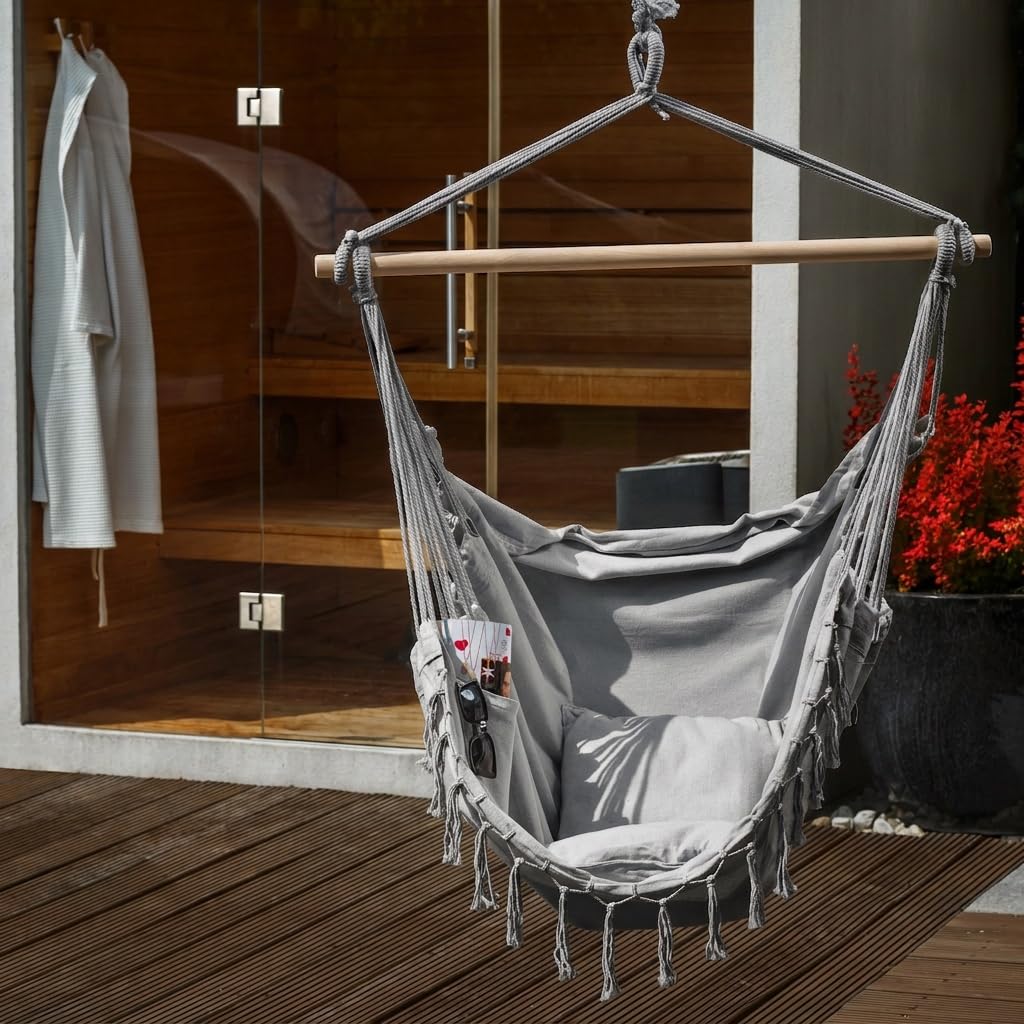BOGATECO Sedia Amaca Sospesa con 2 Cuscini | con Supporto in Legno | Portata 150 kg | Perfetto per Interno & Esterno | a Casa, Patio, Cortile e Giardino | Grigio Scuro