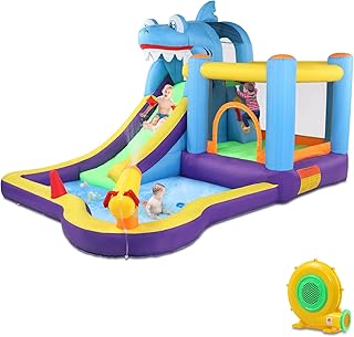 LEADZM Hüpfburg mit Gebläse, Aufblasbare Wasserpark mit Hai-Thema, mit Trampolin, Rutsche, Schwimmbecken, Wasserpistole, Geeignet für 3 Kinder im Alter von 3 bis 10 Jahren, 380x260x240 cm