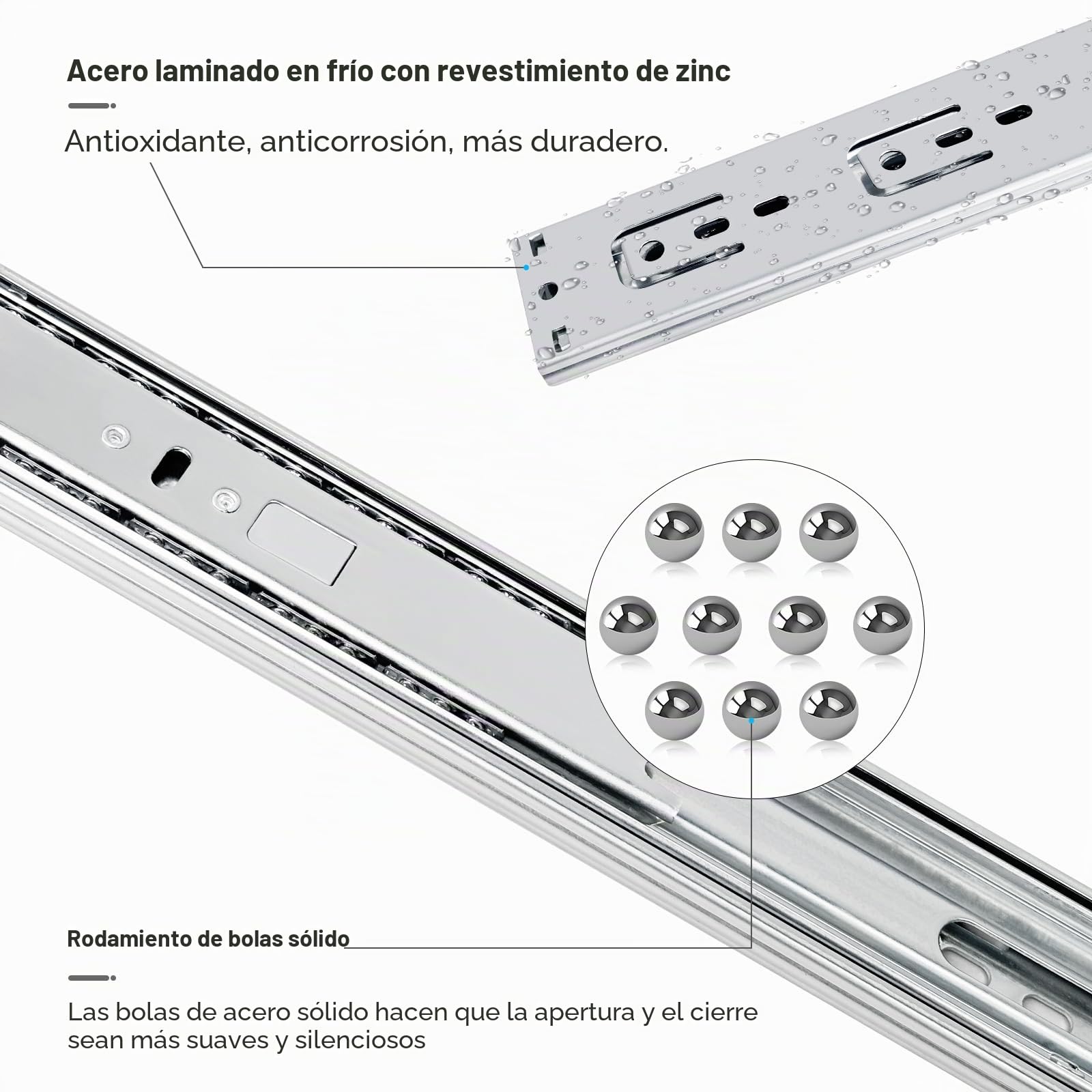 guias correderas para cajones 4 pares (8 piezas), 45 cm Guías para cajones de cierre automático suave, extensión completa con guías con rodamiento de bolas