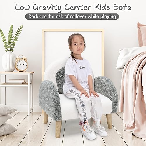 Miniatura 6 de INFANS Sofá para niños, sillón para niños pequeños con marco de madera maciza, tela de felpa con diseño antivuelcos, silla tapizada para niños y