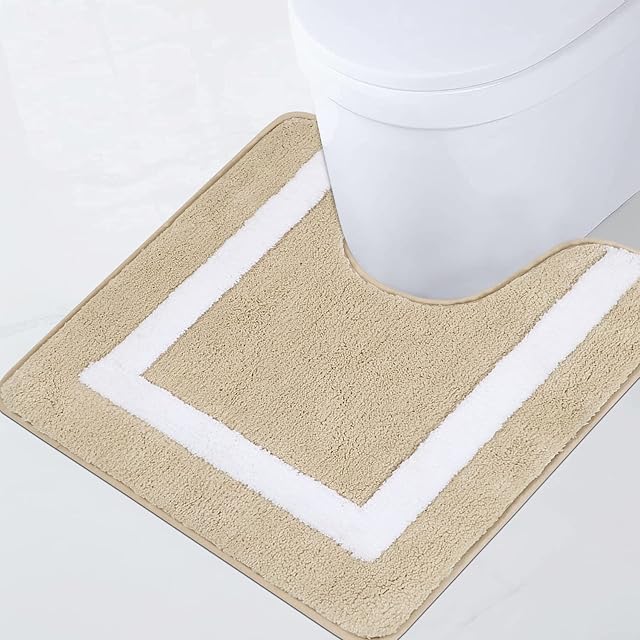 Famibay Absorbent Toilet Mat U Shape Pedestal Mat for Toilet Non Slip Bath Mat Machine Washable Microfiber Bathroom Floor Mat Carpet for Toilet Bathroom(Beige, 50 x 50 cm)