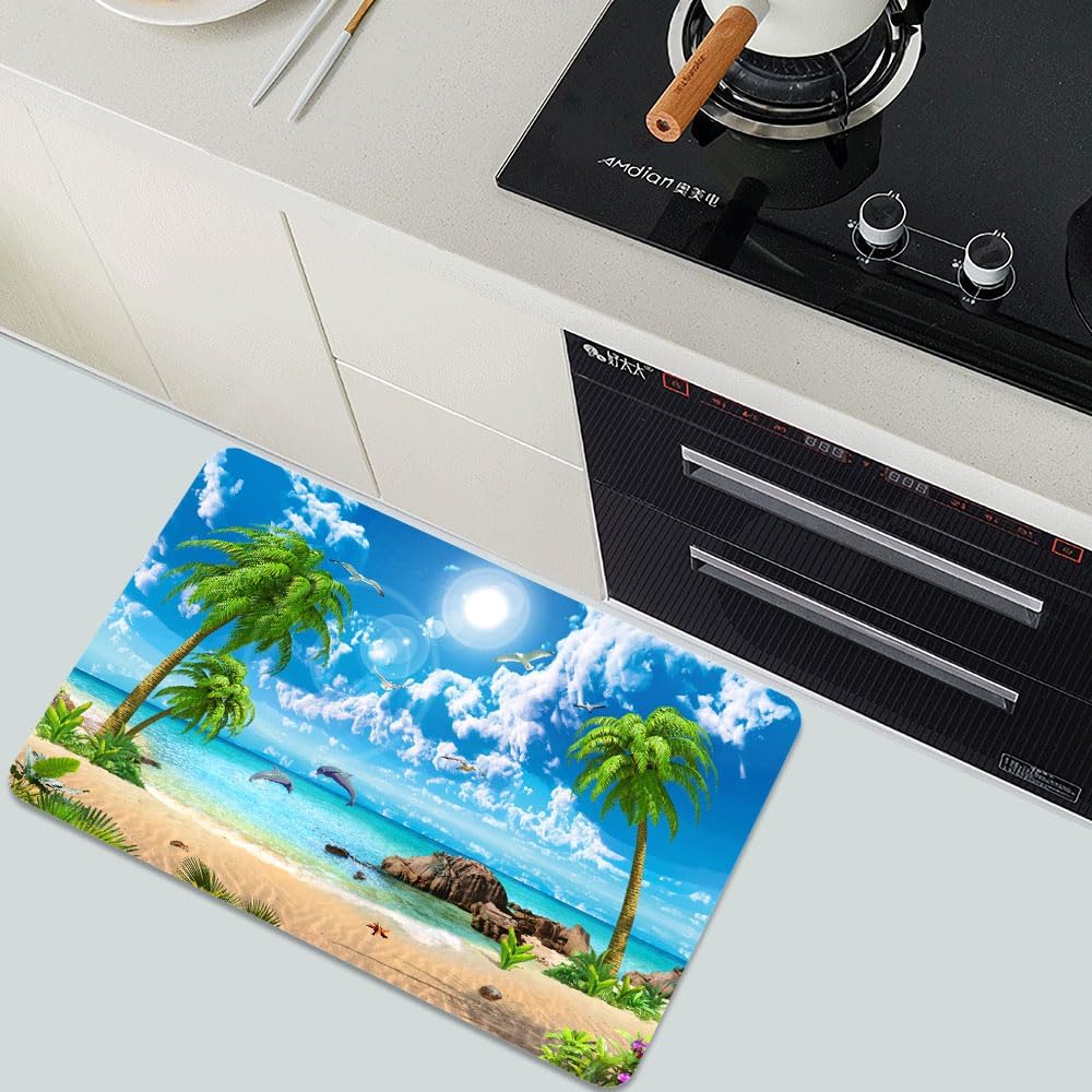 Bath Mat-Bathroom Rug，Summer Coconut Beach Dolphins-Absorbent Non Slip Quick Dry Stain Resistant Easy to Clean Care Shower Rug for Bathtub Shower Room 16×24Inch (40 * 60cm)