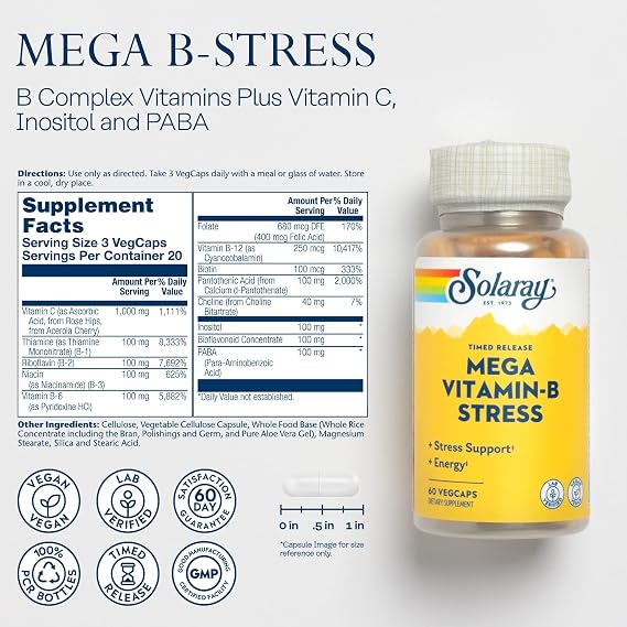 SOLARAY Mega Vitamin B-Stress, Timed-Release Vitamin B Complex with 1000 mg of Vitamin C for Stress, Energy, Red Blood Cell & Immune Support, Vegan, 20 Servings, 60 VegCaps