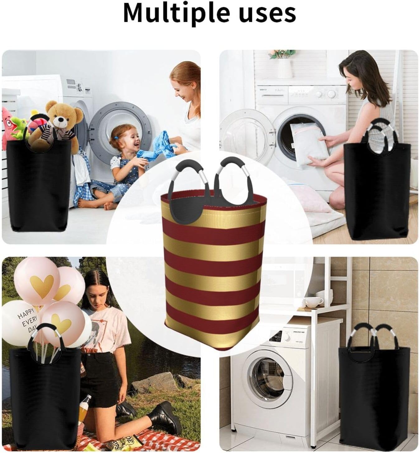 Large Laundry Basket, Modern Gold Stripes Dark Red Background Laundry Hamper Bag Collapsible Washing Bin With Handles for College Dorm, Family Essentials Storage