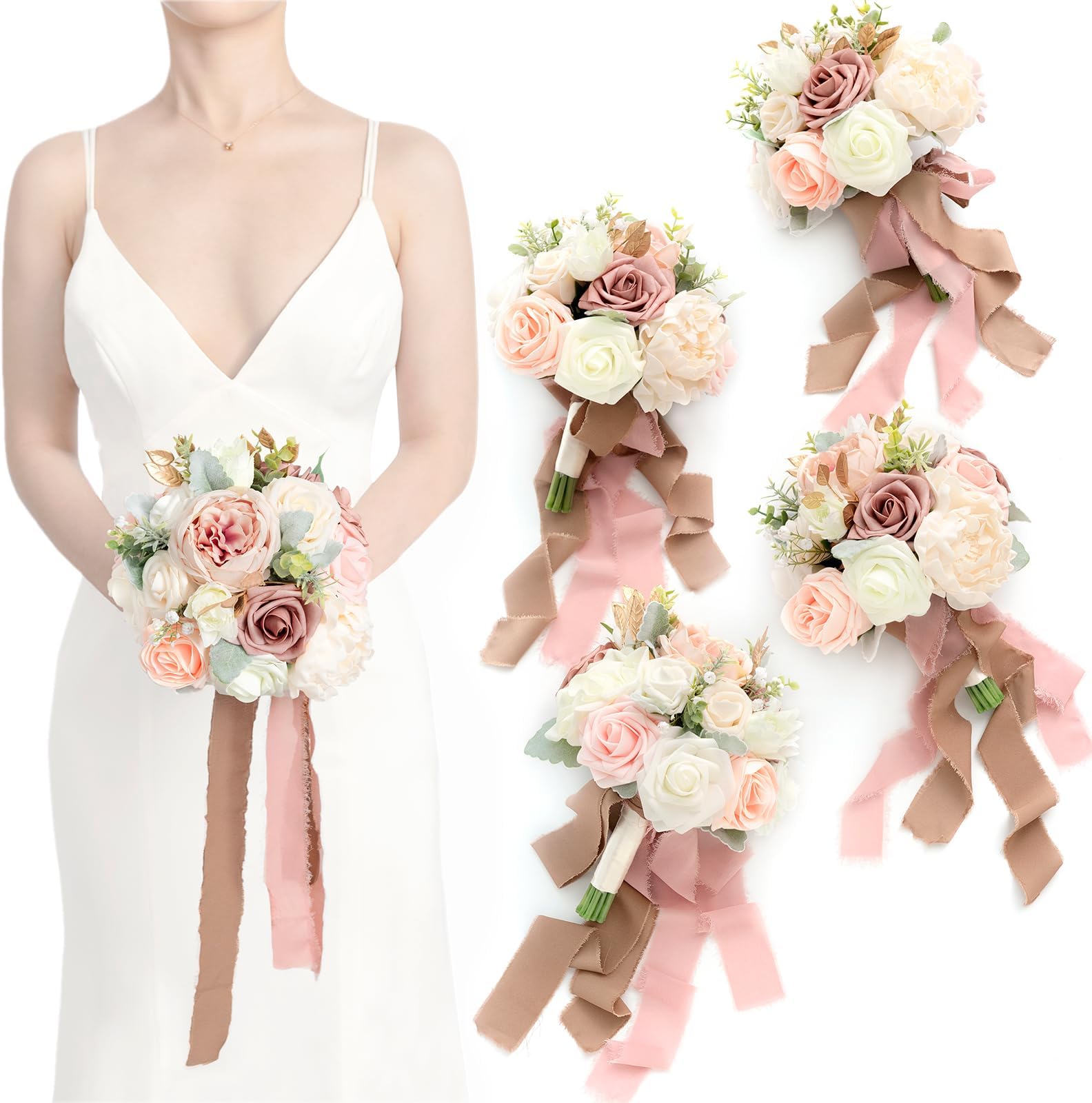 Ling's moment Dusty Rose Bridesmaid Bouquet Set of 4, Pink Artificial Wedding Flowers Bouquets for Bridesmaids Bridal Bouquets with Ribbon, Ceremony, Anniversary, 7-inch Diameter