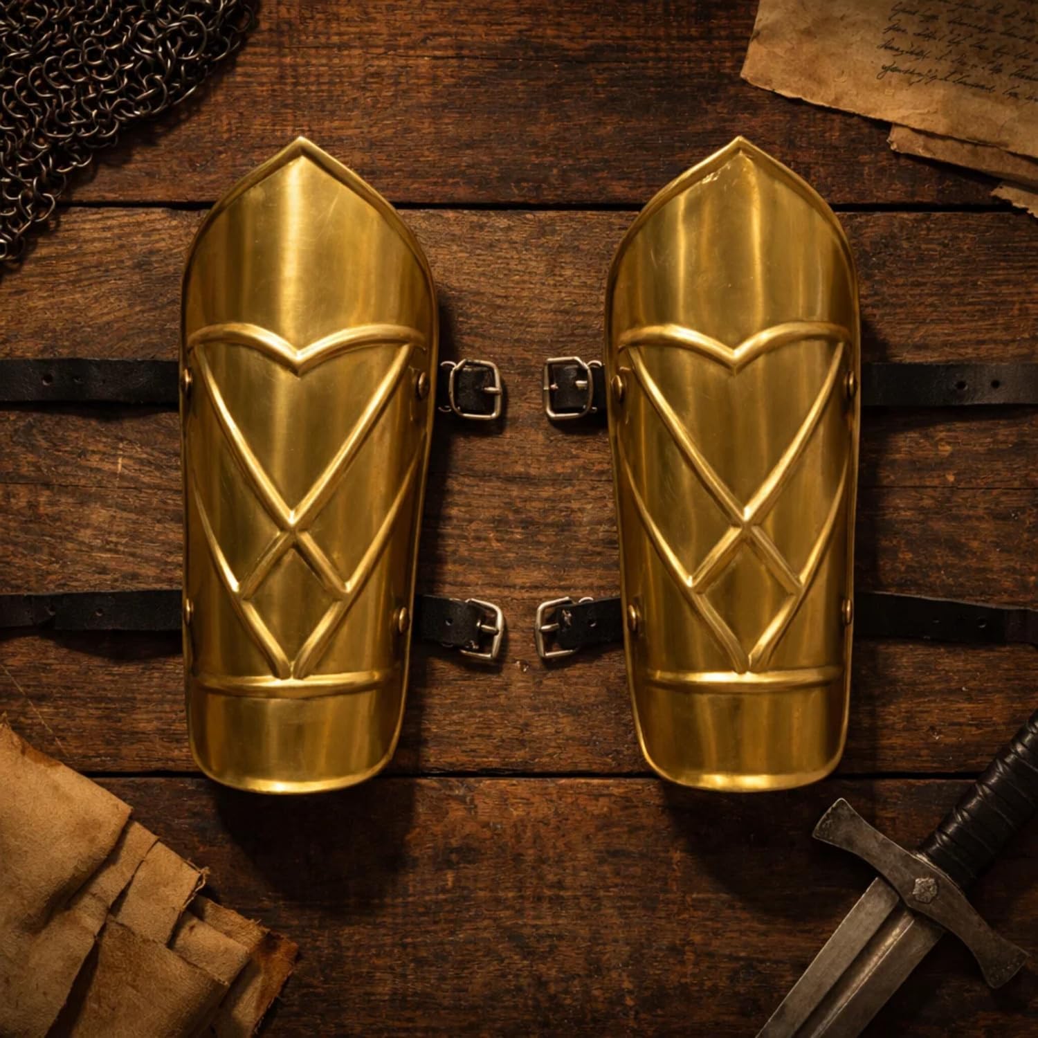 Medieval Leather and 18GA Steel Arm Bracers Brass Finish Wearable Armor Guards | Adult Costume for Halloween Cosplay LARP Reenactment Polished Forearm Protection Medieval Style Gear Set