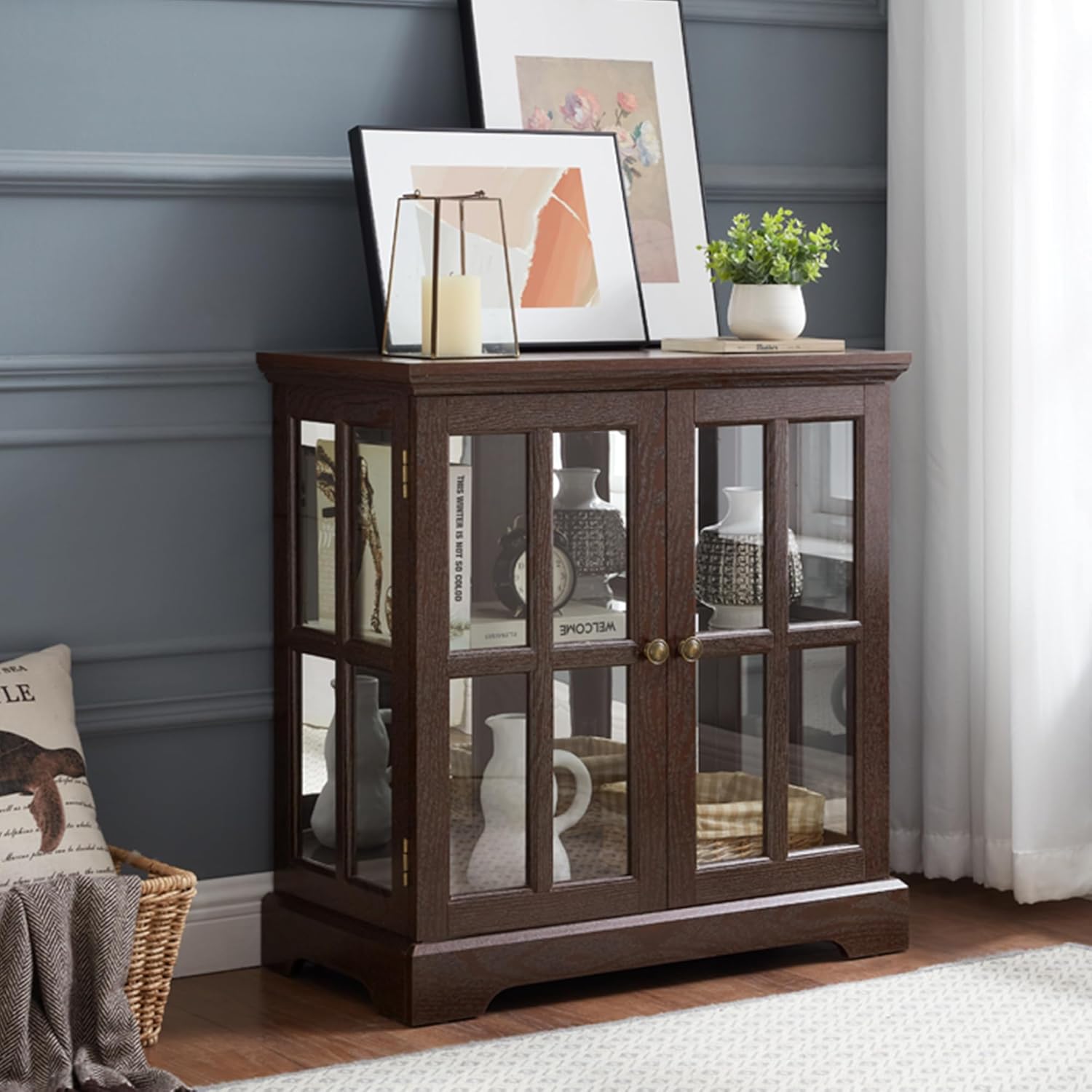 30" Brown Curio Cabinets with Glass Doors,Lighted Display Cabinet with Adjustable Shelves,Farmhouse Display Cabinet,Display Cabinets for Collectibles with LED Lights for Living Room
