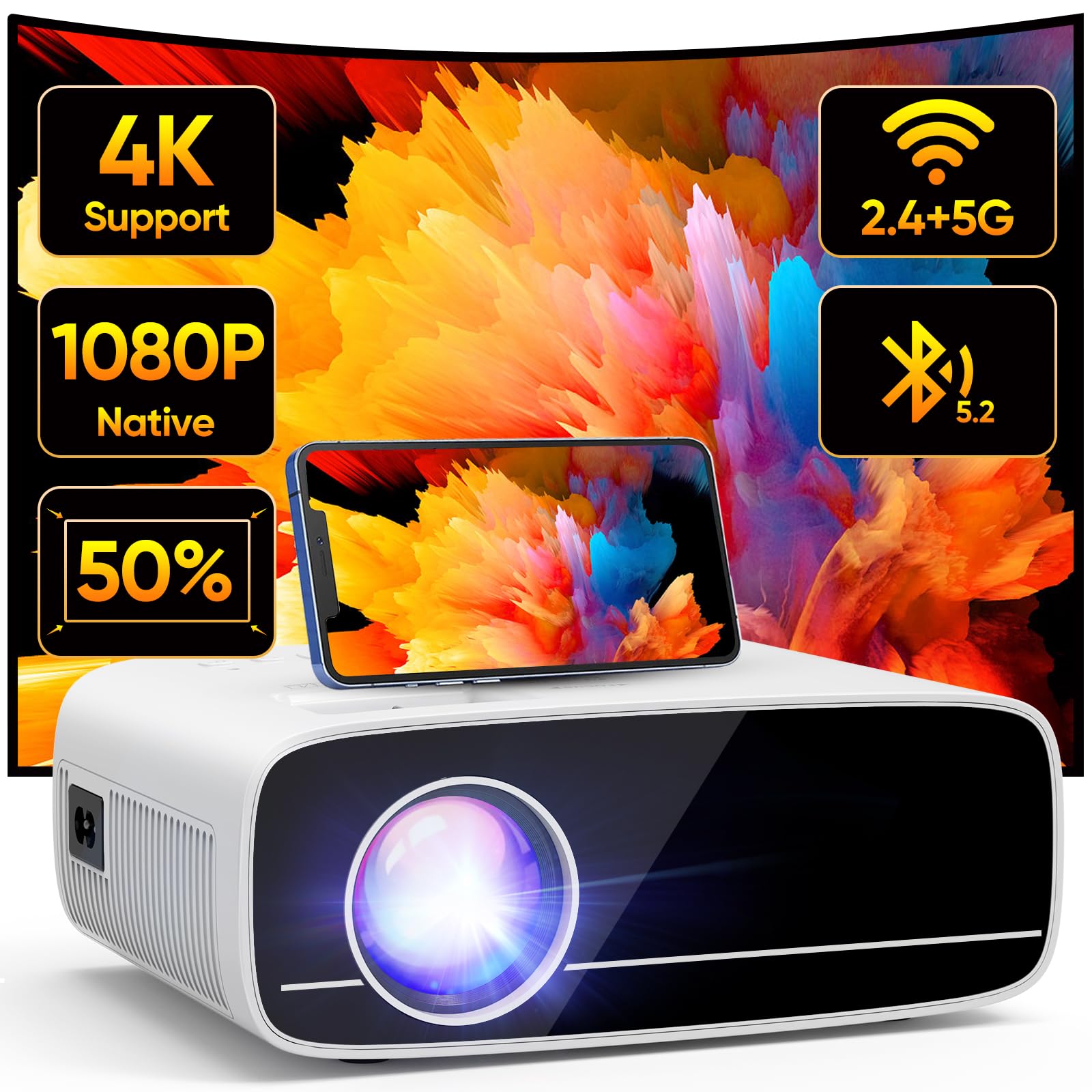 TMY Projector with WiFi and Bluetooth, Native 1080P Mini Projector, Portable Projector wirh 50% Zoom, Compatible with TV Stick/Phone/PC/DVD/HDMI/USB/TF, Movie Projector for Home Bedroom