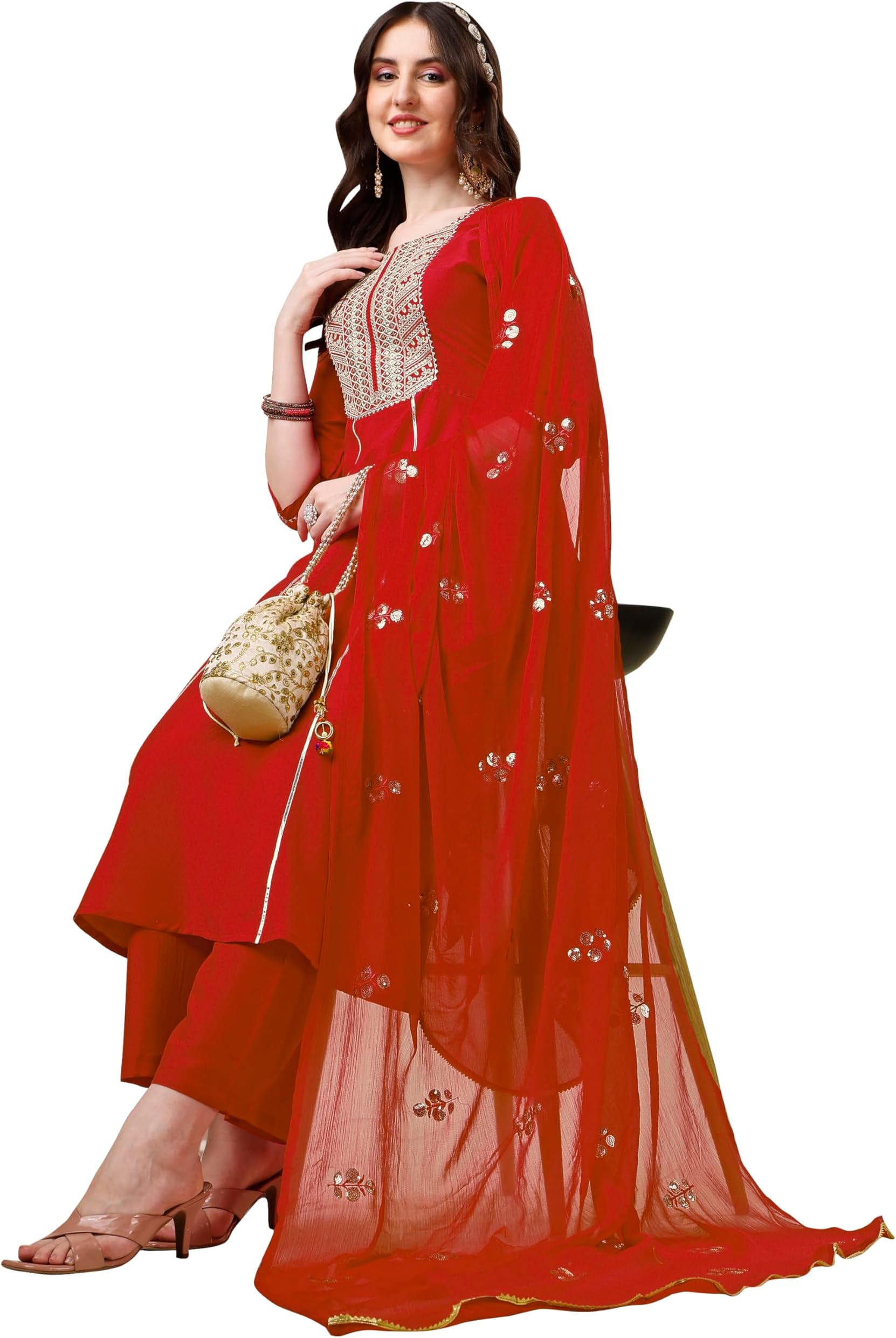 Women's Embroidered Thread Work Chinon A-Line Kurta Pant with Sequence Dupatta Set