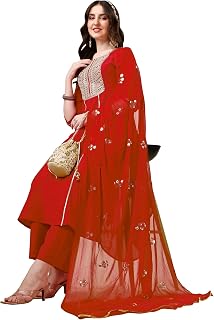 EthnicJunction Women's Cotton Silk Embroidered Kurta Palazzo and Dupatta Set | Wedding Dress | Ethnic |Outfit Price In India