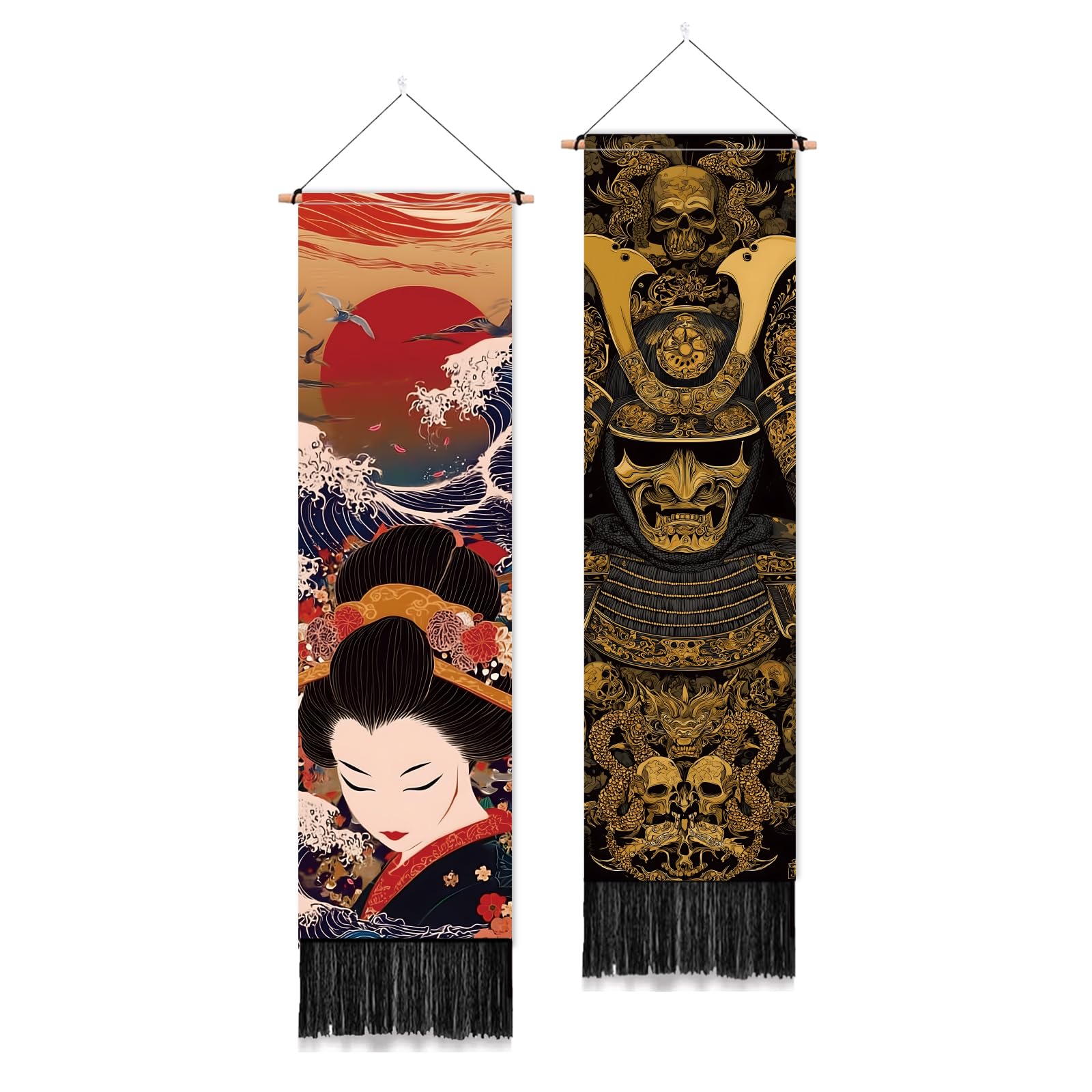 PLIGREAT 2 Pack Samurai Dancer Wall Tapestry Japanese Style Vertical Wall Hanging with Tassels Decorative Aesthetic Long Tapestry for Bedroom Living Room Home Decorations, 130 x 33cm