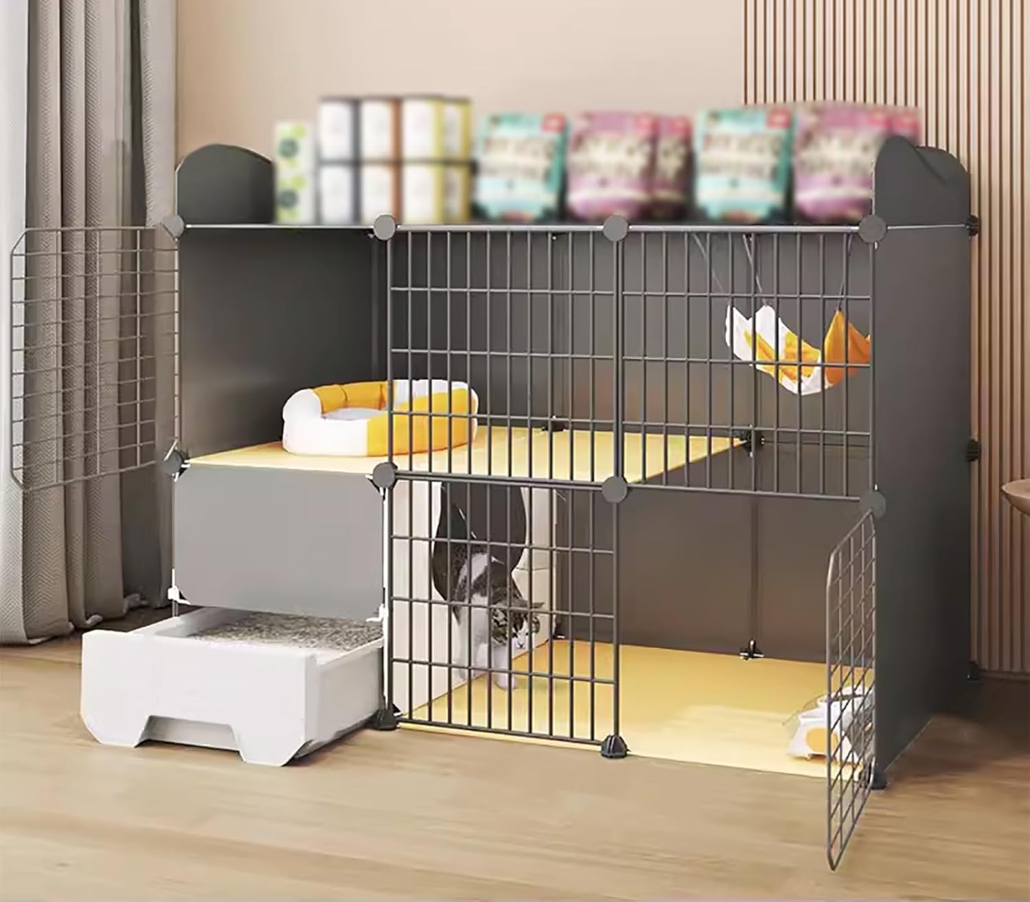 Indoor Cat Enclosure with Storage, DIY Cat Fence with Litter Box, Perfect for Small Spaces, Safe & Stylish Cat Habitat for Indoor Cats