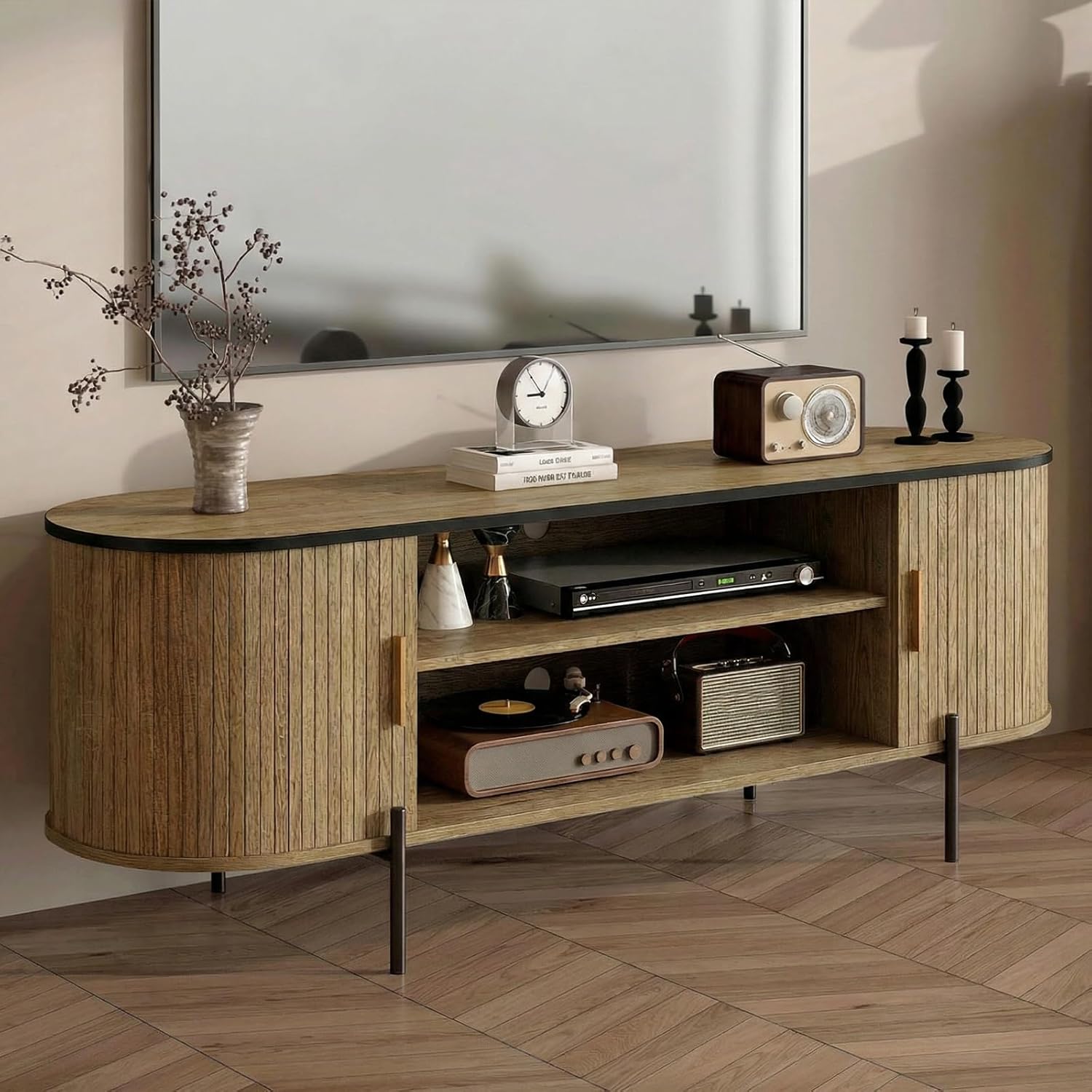 63" Mid Century Modern Oak TV Stand, Media Console with Sliding Doors, Sturdy Metal Legs, Rounded Corners, Natural Oak Finish Entertainment Center for Living Room