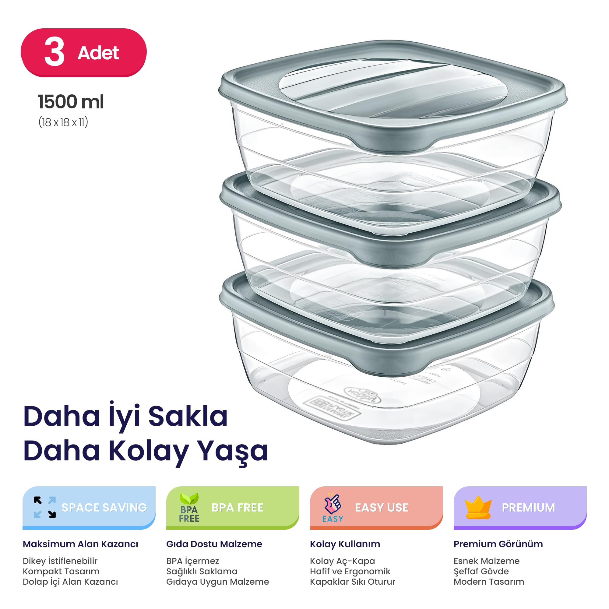 Hobby Life Trend 3'lü Kare Saklama Seti – Geniş Hacimli, İstiflenebilir Modern Mutfak Düzenleyici (Beyaz)