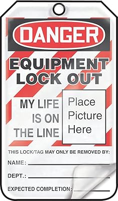 Accuform Lockout Tags, Pack of 25, Danger Equipment Lock Out My Life is on the Line with Picture Insert, US Made OSHA Compliant Tags, Tear & Water Resistant Self-Laminating PF-Cardstock with Grommets, 5.75