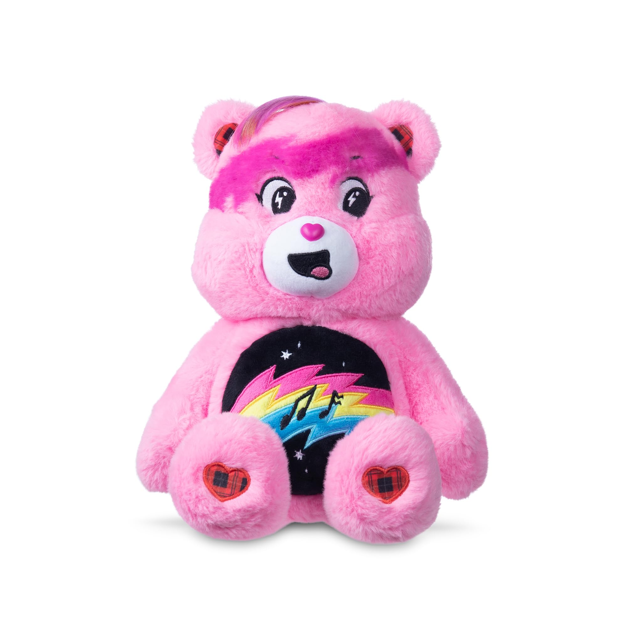 Basic Fun Care Bears 22cm Rock Theme Plush  Cheer Bear Eco-Friendly Soft Toy with Lightning Belly Badge  Collectible Plush for Kids & Fans, Pink, 35.56 cm