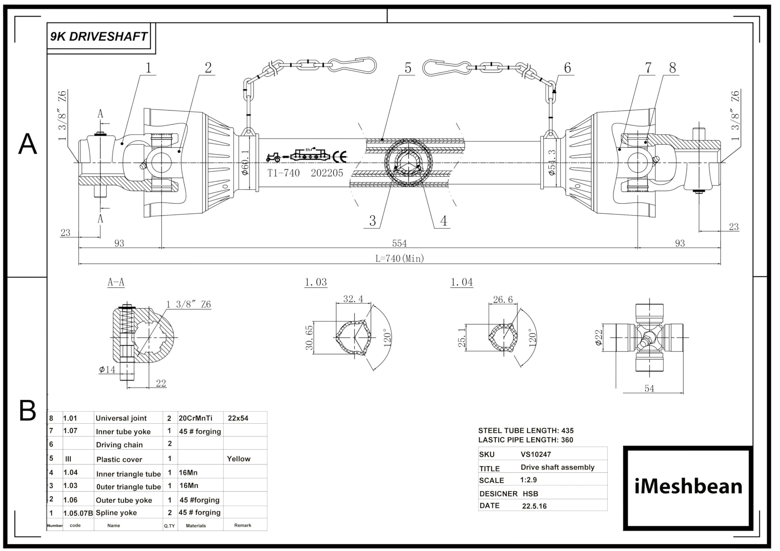 Zapfwelle Gelenkwelle, 740-950mm 210 Nm Kardanwelle Gelenkwelle mit Schutz PTO-Shaft Antriebswelle,1 3/8" - 6 Zähne,TYP A (55-75 cm)