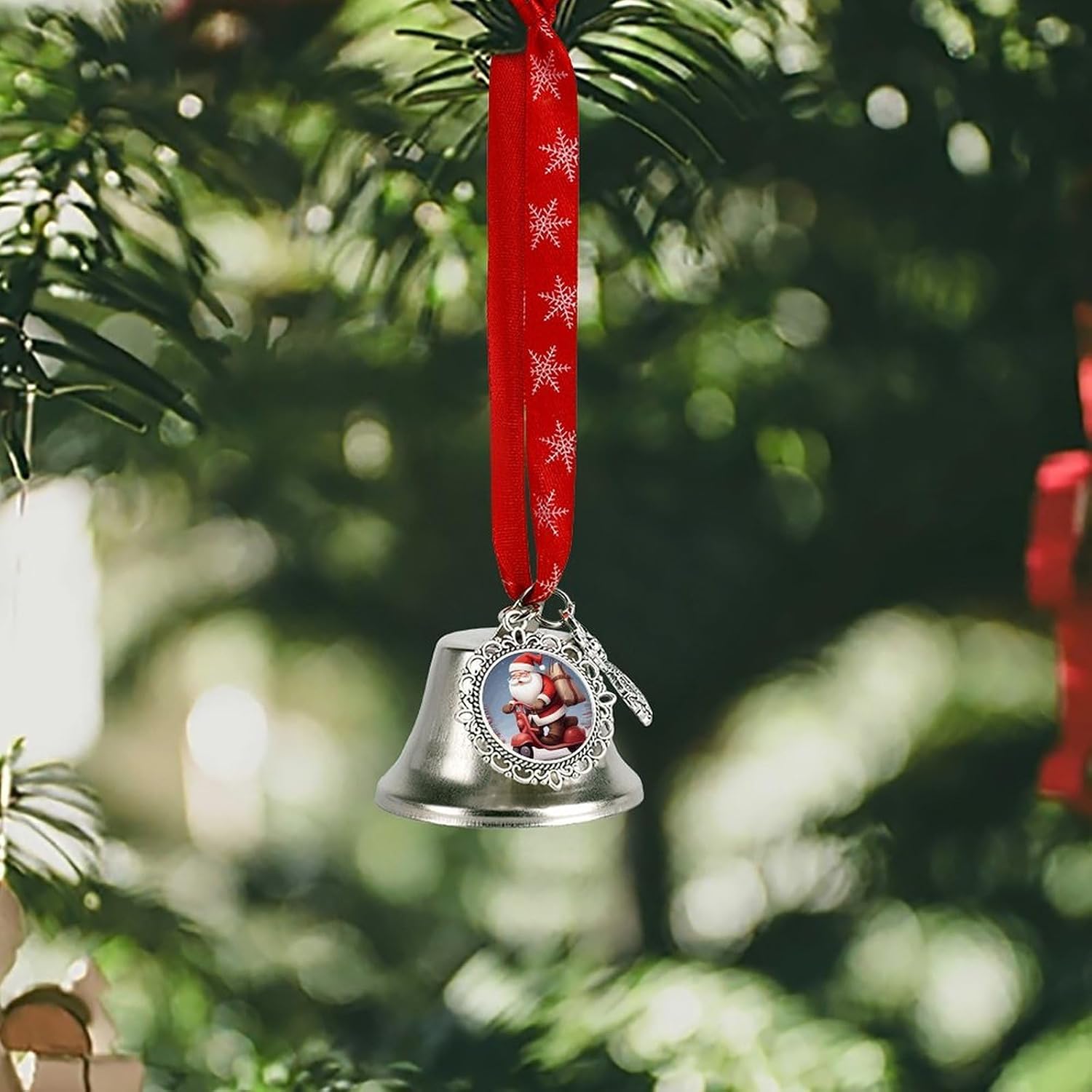 Metal Iron Christmas Bell Ornaments - Cute Personalized Santa Claus on Scooter Printed Hanging Bells, Elegant & Durable for Christmas Home Party Wedding Decor