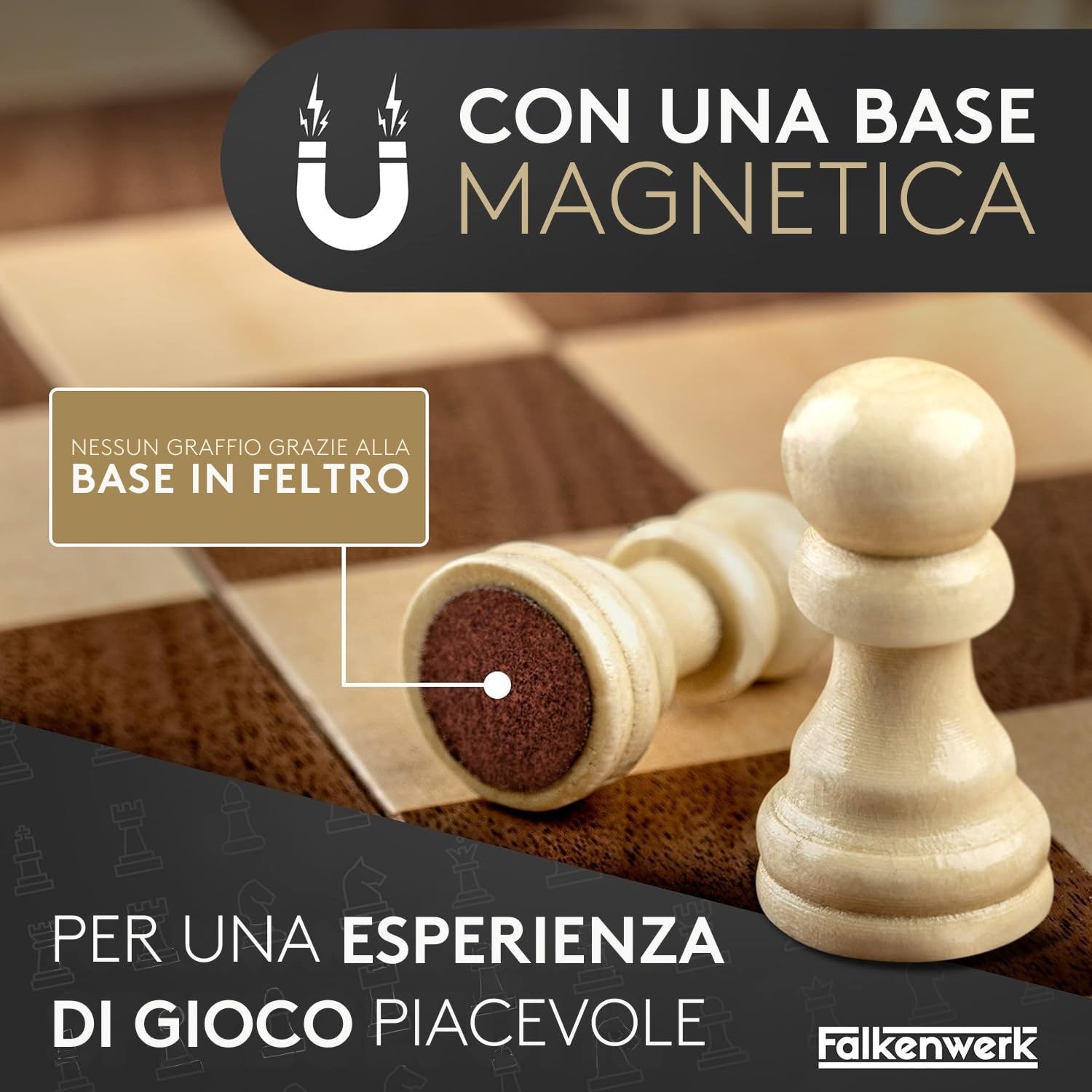FALKENWERK Scacchiera magnetica in legno [38x38 cm], scacchiera realizzata a mano in vero legno, tagliere di alta qualità, tavola pieghevole con maniglia per il trasporto, regalo