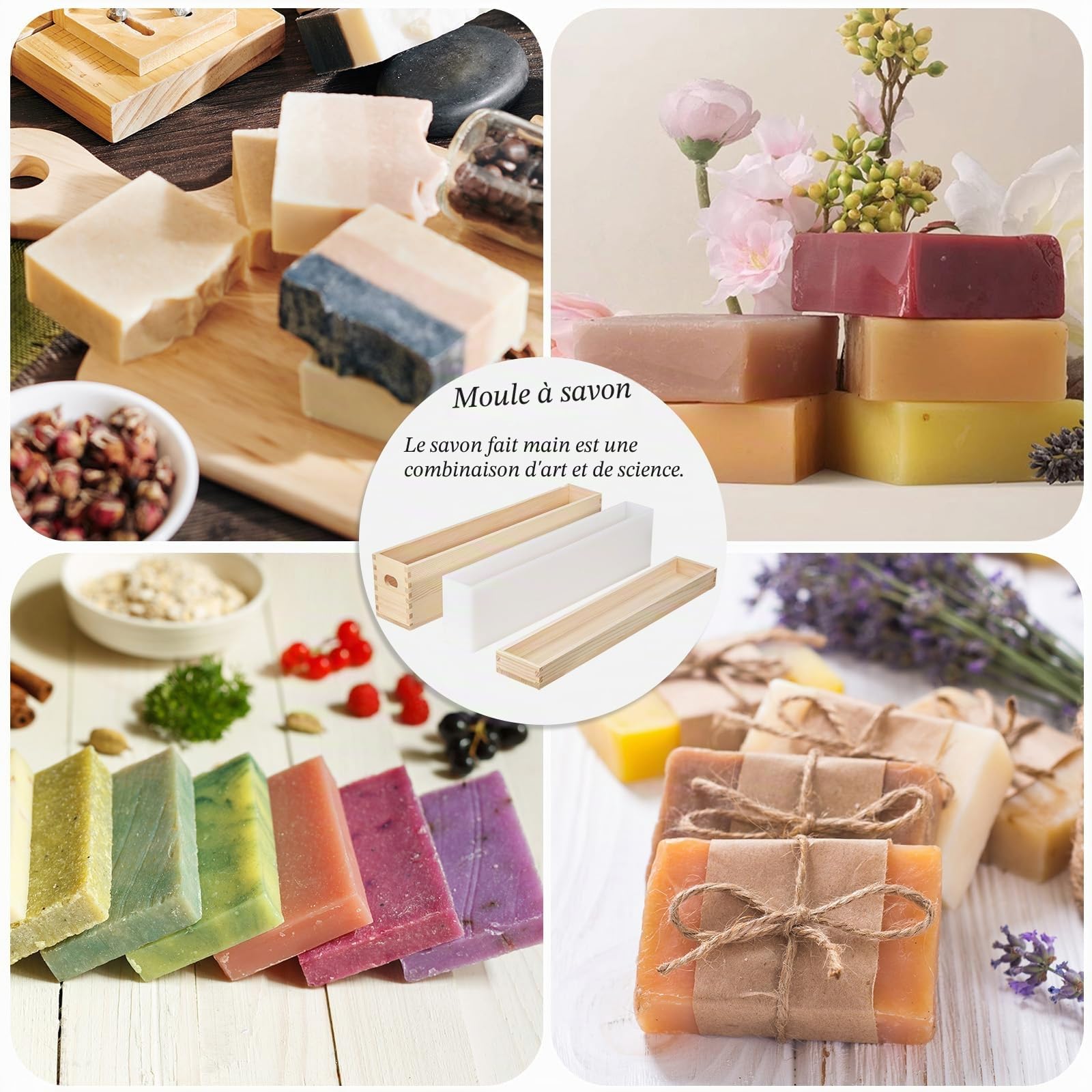 Moules à savon en silicone avec caisse en bois et couvercle, moules à savon rectangulaires pour la fabrication de savon (2,2 l, longs et étroits)