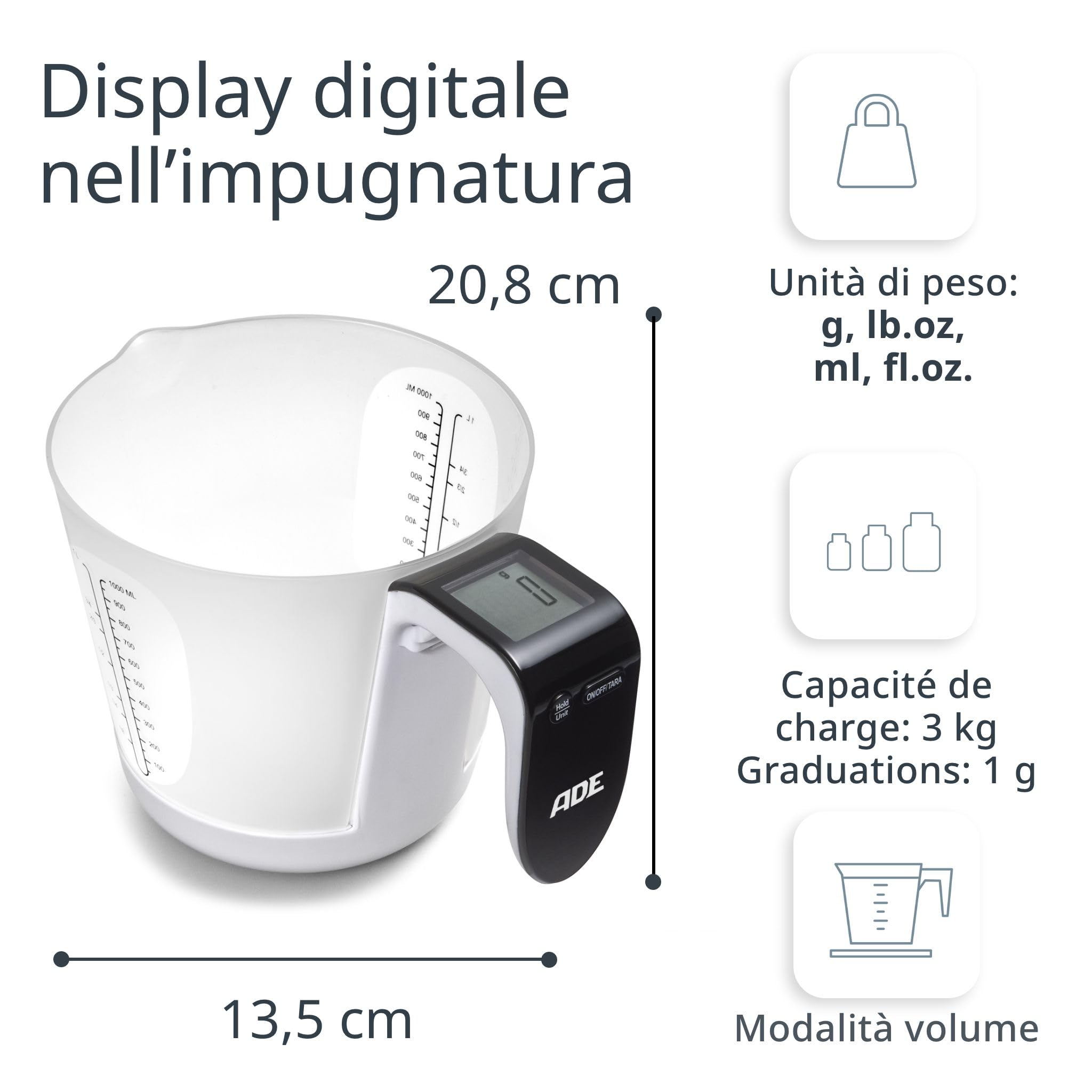 ADE Bilance Graduate Digitali - Misurino con Bilancia | Bilance da Cucina con Misurino per Pesare & Misurare - Misurino Elettronico Bianco/Nero