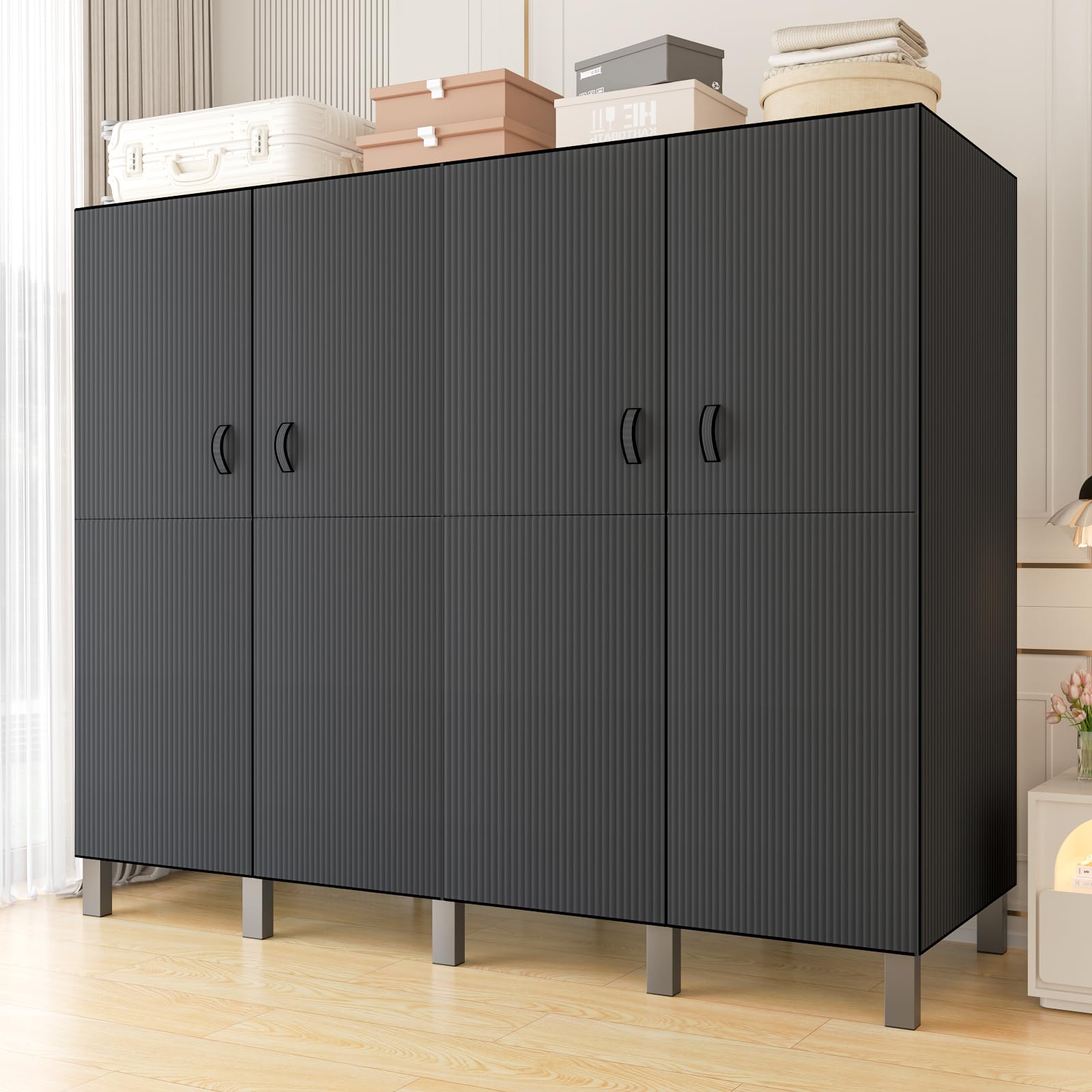 Faltbarer Kleiderschrank, 500 Kg, 242cm Großer Kapazität Stoffkleiderschrank mit 2 Hängenden Schienen, Tragbarer Stoffschrank Kleiderschrank mit Abdeckung für Schlafzimmer (B black door, 190cm)