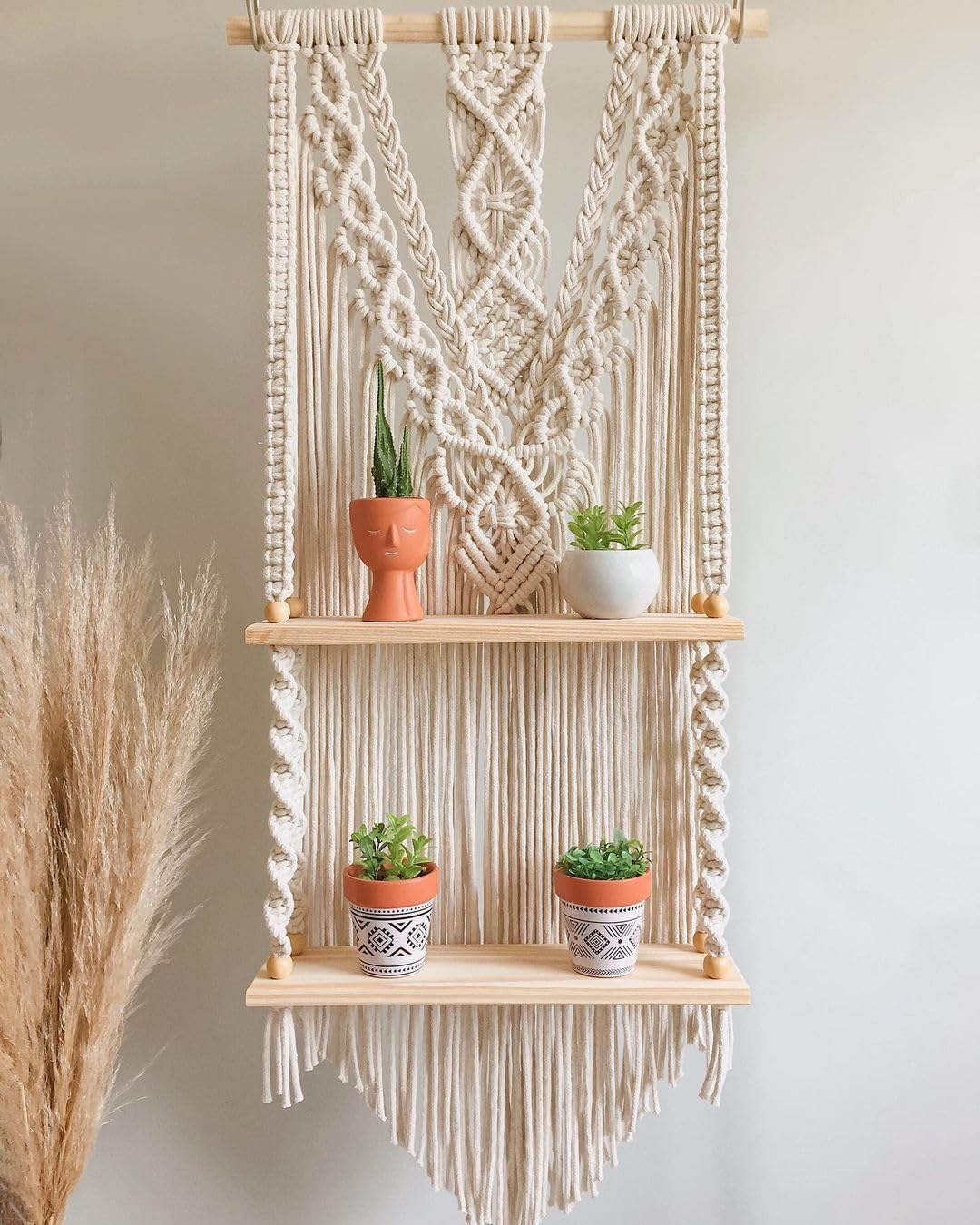 Macrame Wall Hanging Shelf, 2-Tier Wooden Floating Shelves with Decorative Woven Tapestry, Boho Home Decor with Plant Display