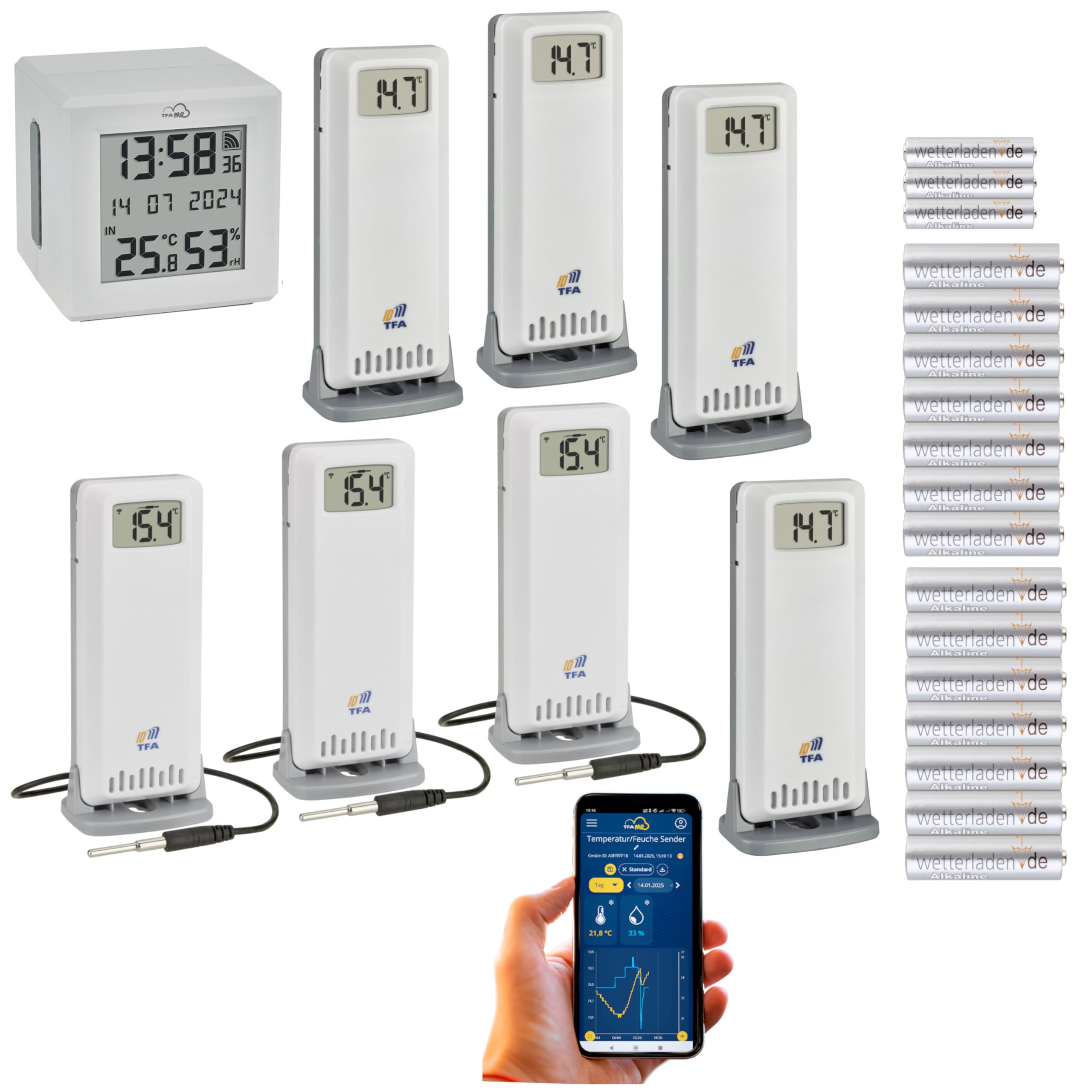 TFA.me 35.8104.02.99 Profi Starterset für Apotheken, Lager, Medizin, Labor, Gastro inkl online TFA.me Portal für PC, Smartphone, Tablet (weiss mit Batterien)