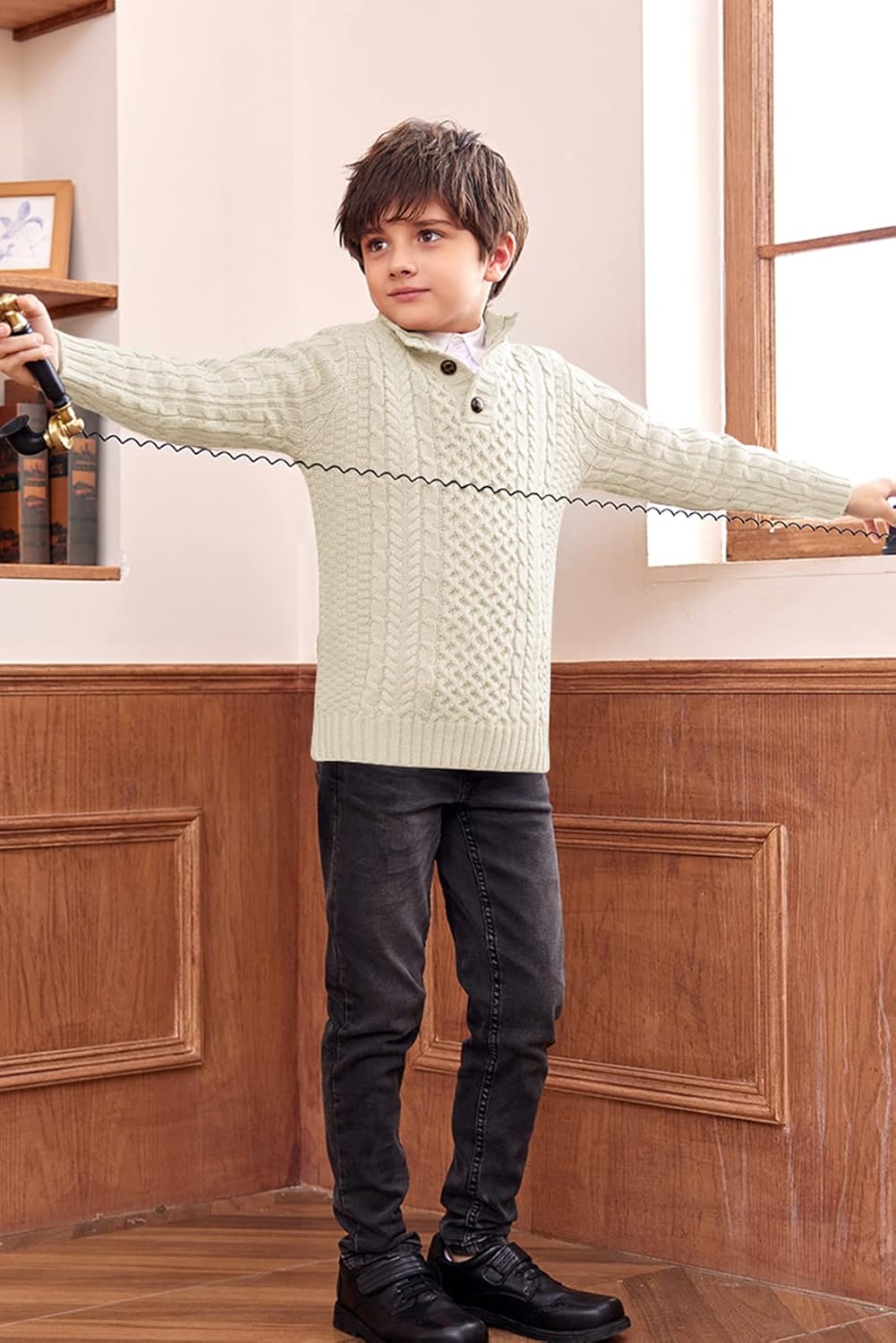 Makkrom Kids and Boys Mock Neck Pullover Sweater Long Sleeve Button Cable Knitted Jumper - Image 5