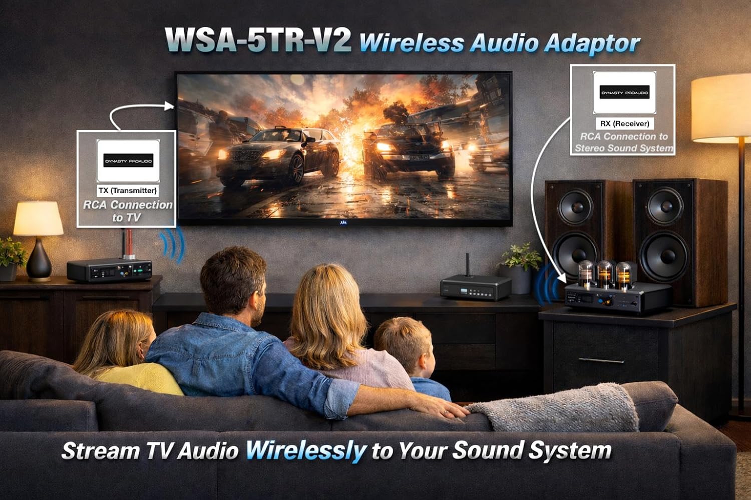 DYNASTY PROAUDIO WSA-5TR-V2 Wireless Audio Adapter/Subwoofer Kit (1TX+1RX), Ultra Low Latency, Dual Band 5.2/5.8GHz, Easy Setup for TV/PC with Powered Subs & Active Speakers.
